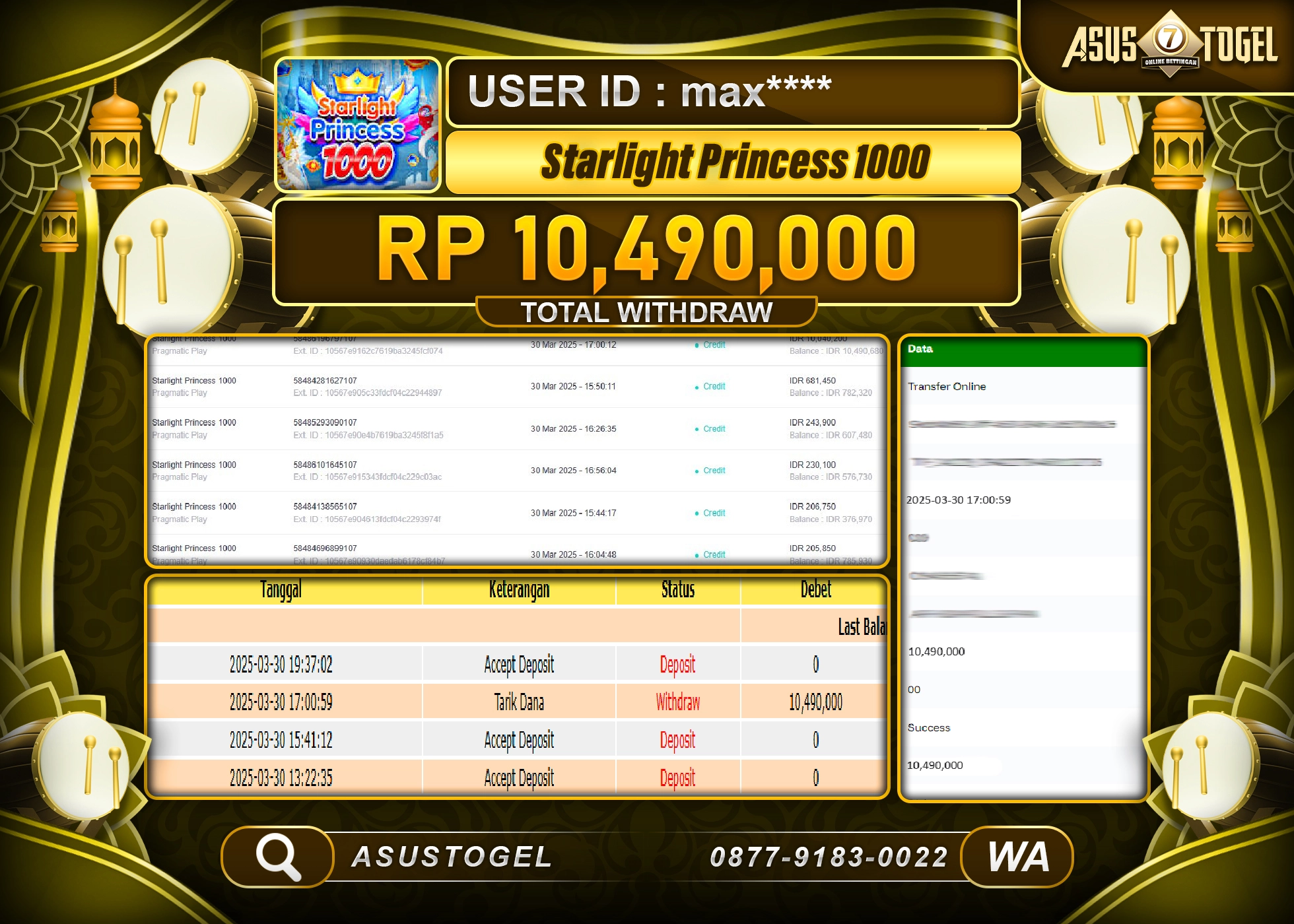 ASUSTOGEL KEMENANGAN DI SLOT STARLIGHT PRINCESS 1000 SEBESAR 10,490,000- RUPIAH LUNAS