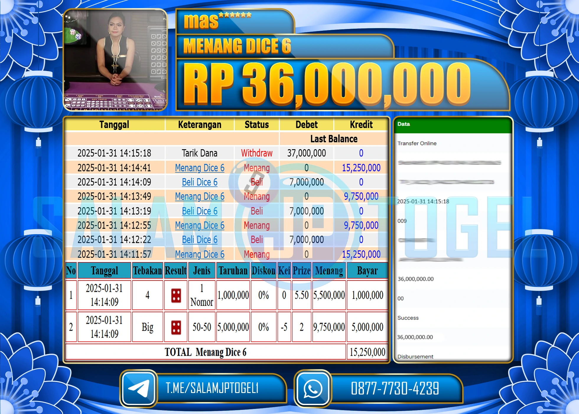 SALAMJPTOGEL MENANG LIVEGAME DICE 6 Rp.36,000,000 LUNAS