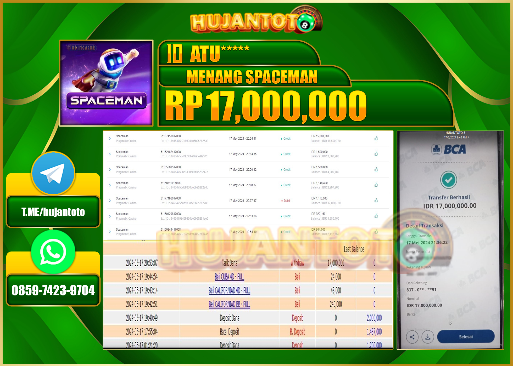 HUJANTOTO MENANG PRAGMATIC PLAY SPACEMAN 17,000,000 - LUNAS