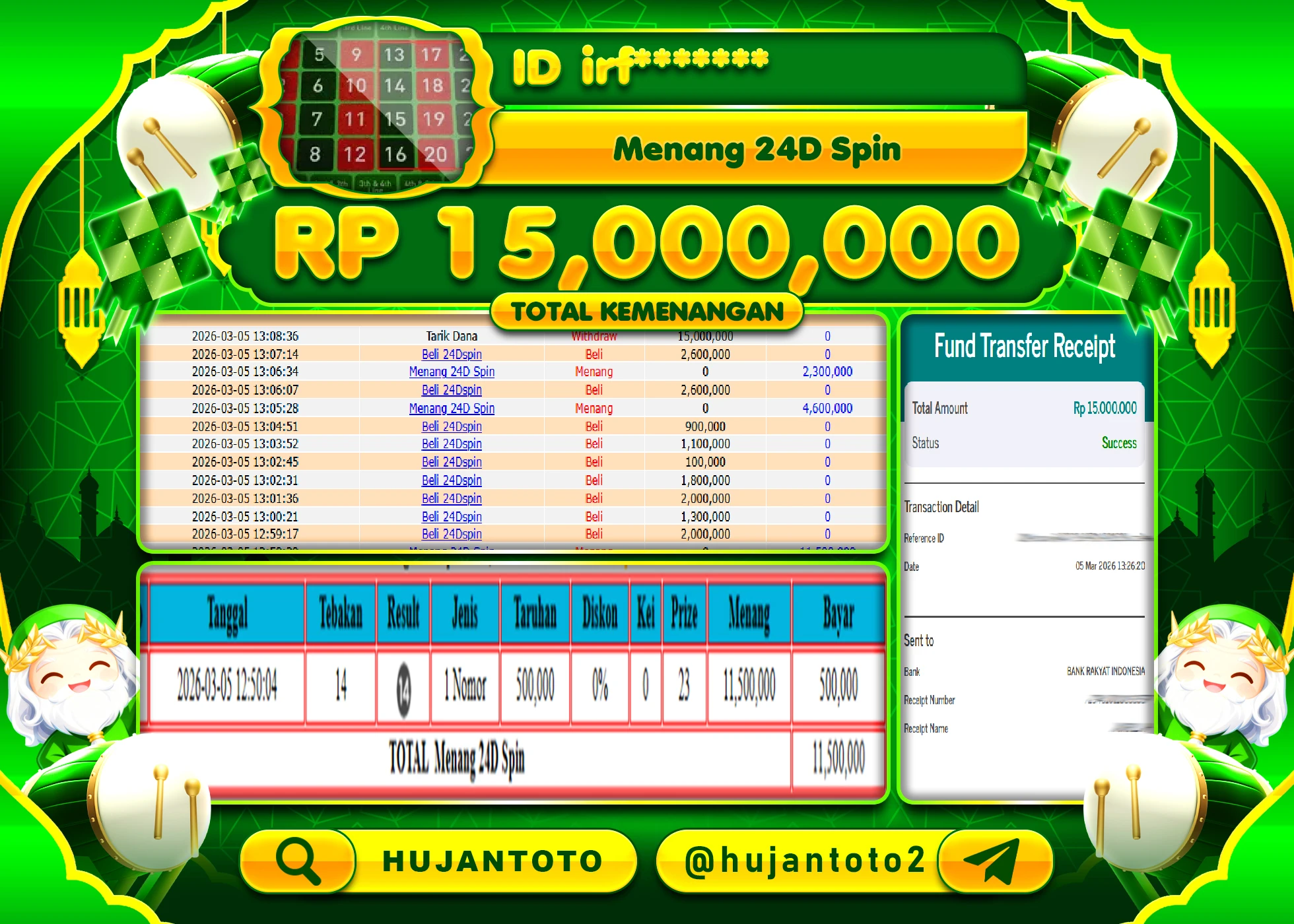 HUJANTOTO - BUKTI JACKPOT MENANG LIVEGAMES 24D SPIN Rp.15,000,000 - TERBAYAR LUNAS