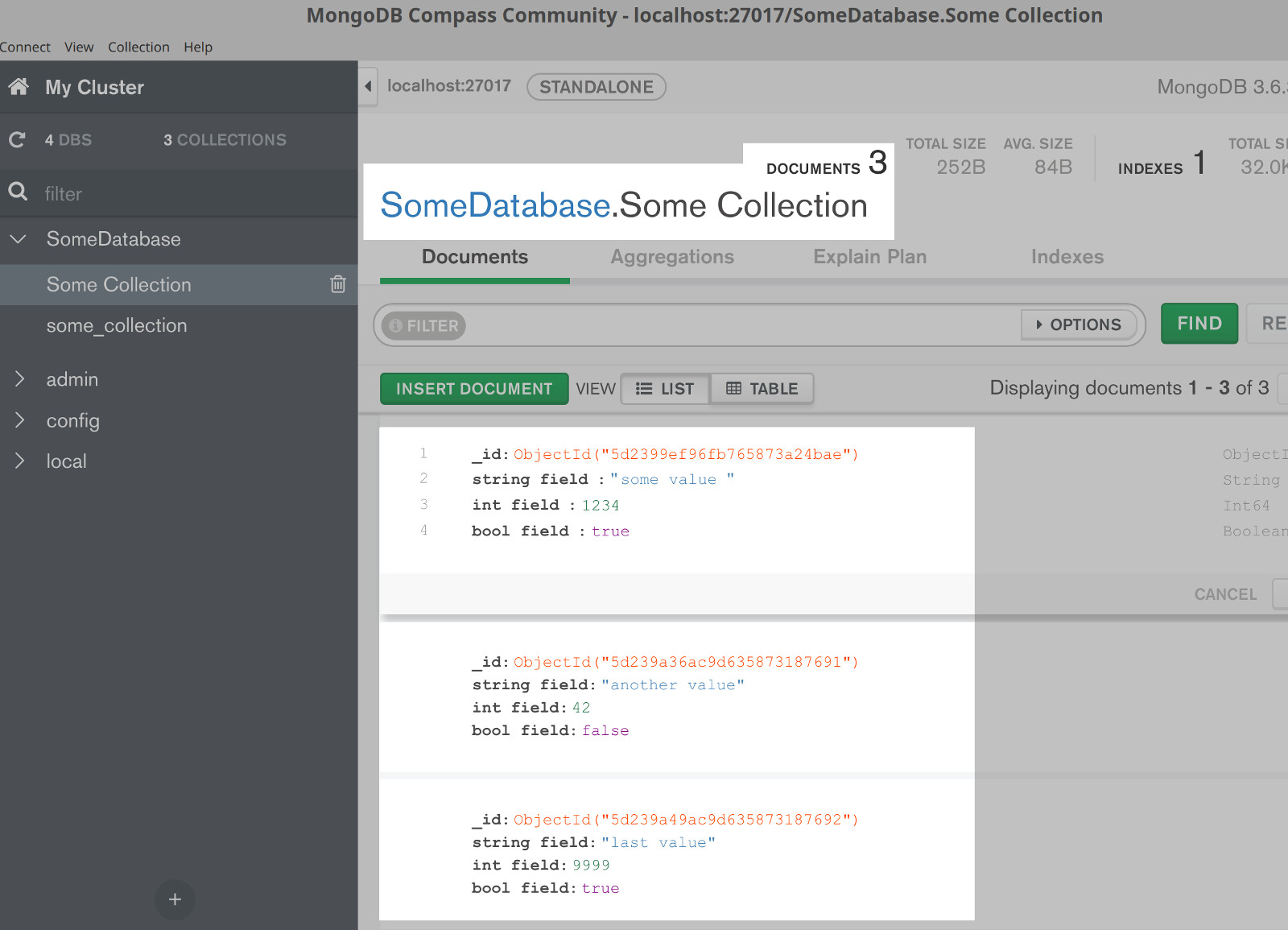 Screenshot of documents in a collection on the MongoDB Compass UI