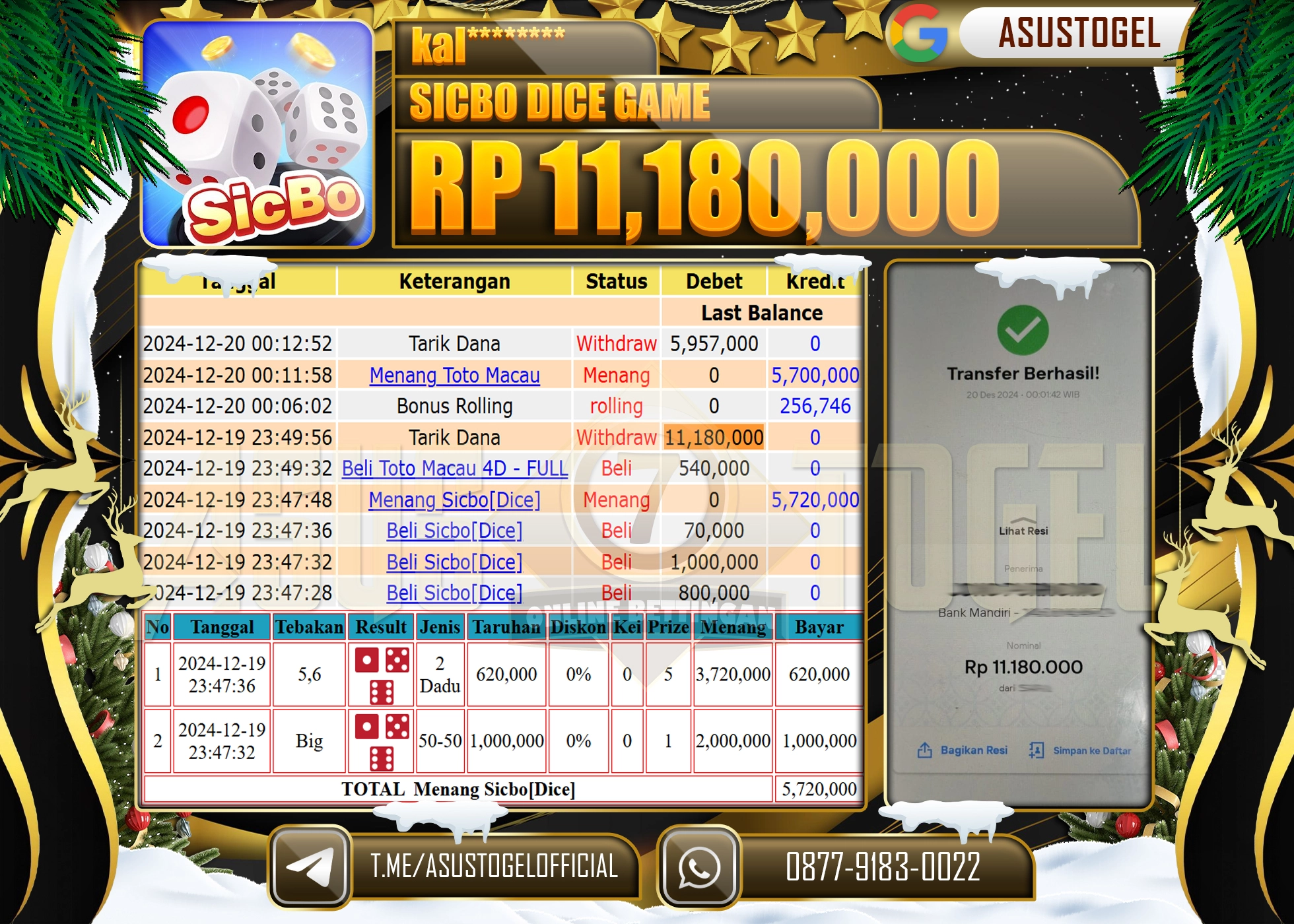 ASUSTOGEL KEMENANGAN DI LIVEGAME SICBO DICE GAME 11,180,000 - RUPIAH LUNAS