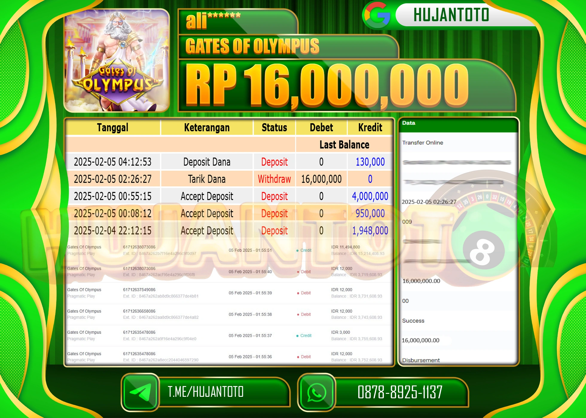 HUJANTOTO - BUKTI JACKPOT MENANG SLOT GATES OF OLYMPUS Rp,16,000,000 - TERBAYAR LUNAS