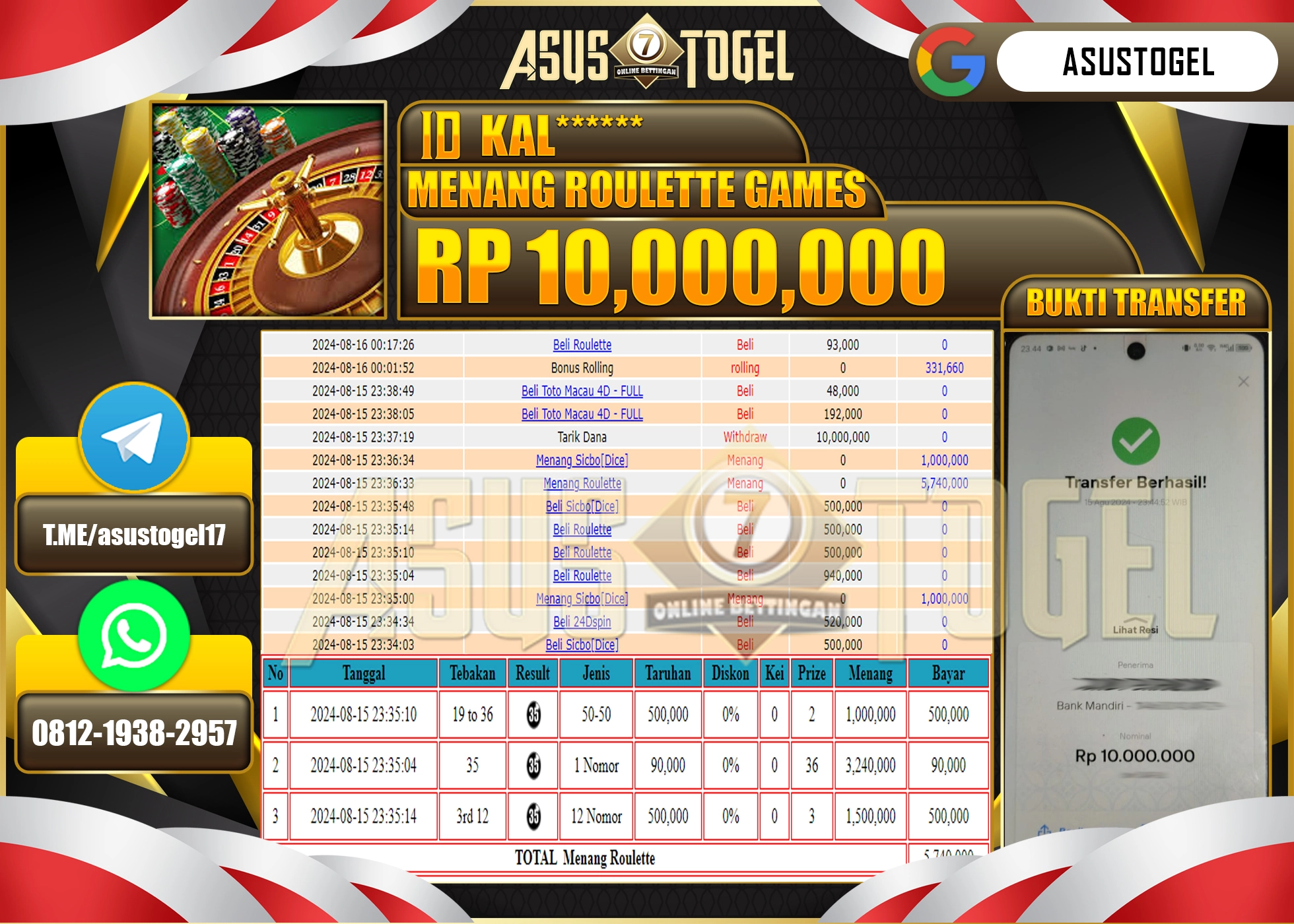 ASUSTOGEL KEMENANGAN DI ROULETTE GAMES  SEBESAR 10,000,000- RUPIAH LUNAS