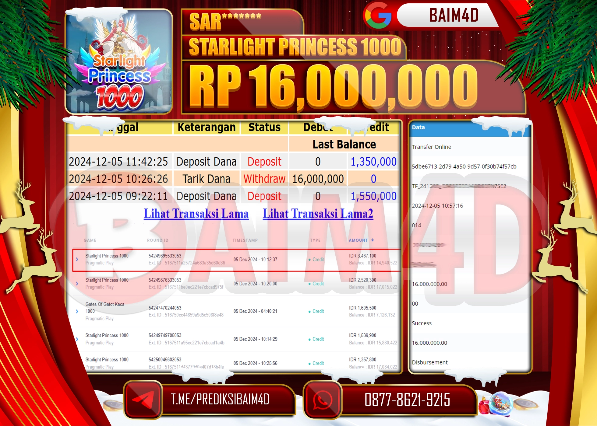 BAIM4D JACKPOT STARLIGHT PRINCESS 1000 Rp.16.000,000.- LUNAS