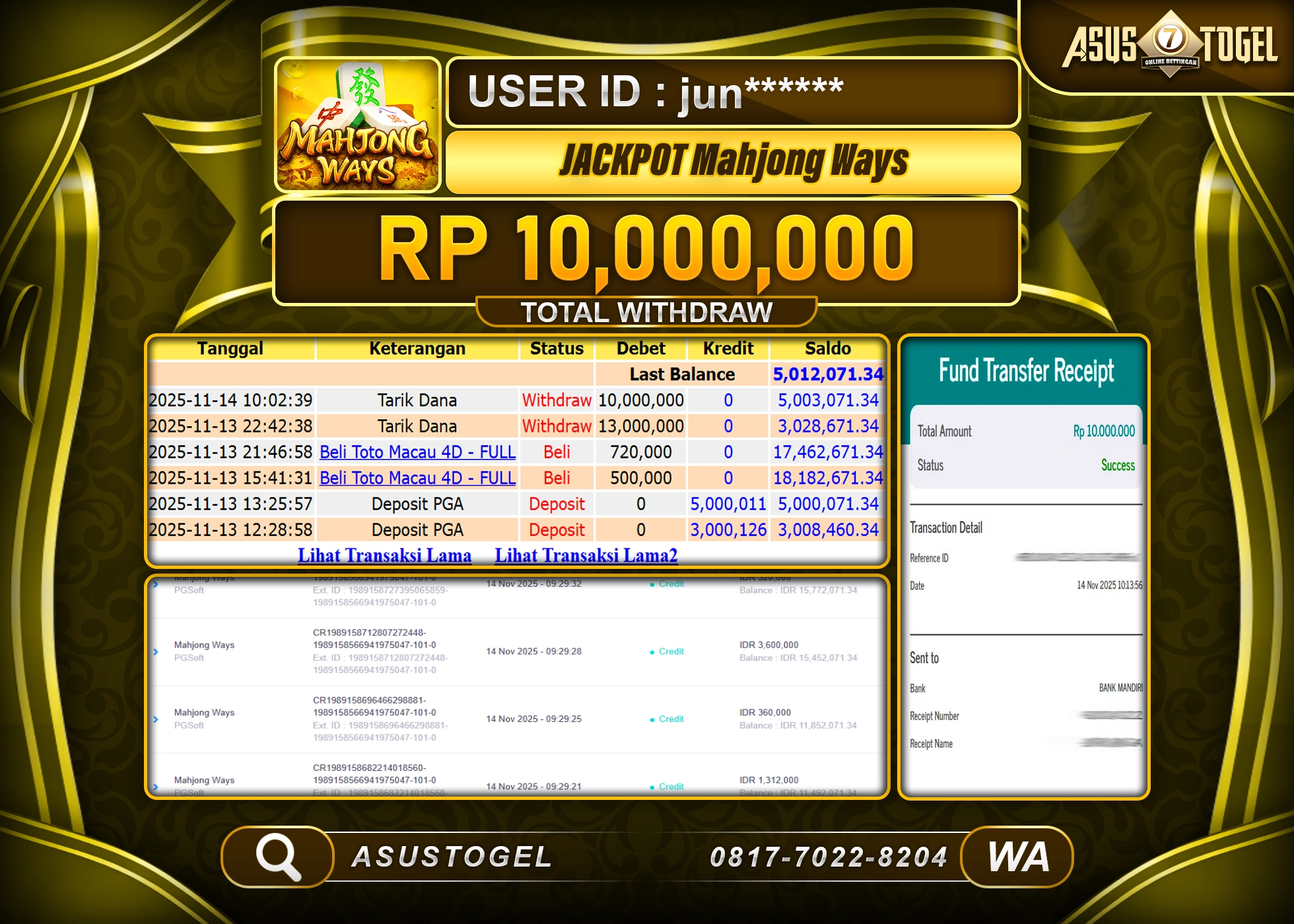 ASUSTOGEL KEMENANGAN DI SLOT MAHJONG WAYS SEBESAR 10,000,000 - RUPIAH LUNAS
