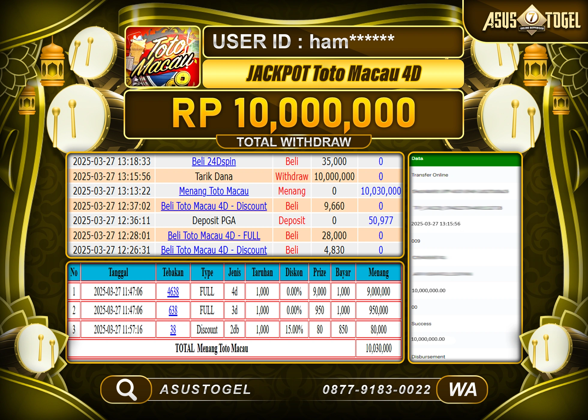 ASUSTOGEL KEMENANGAN DI TOGEL TOTO MACAU 4D SEBESAR 10,000,000- RUPIAH LUNAS