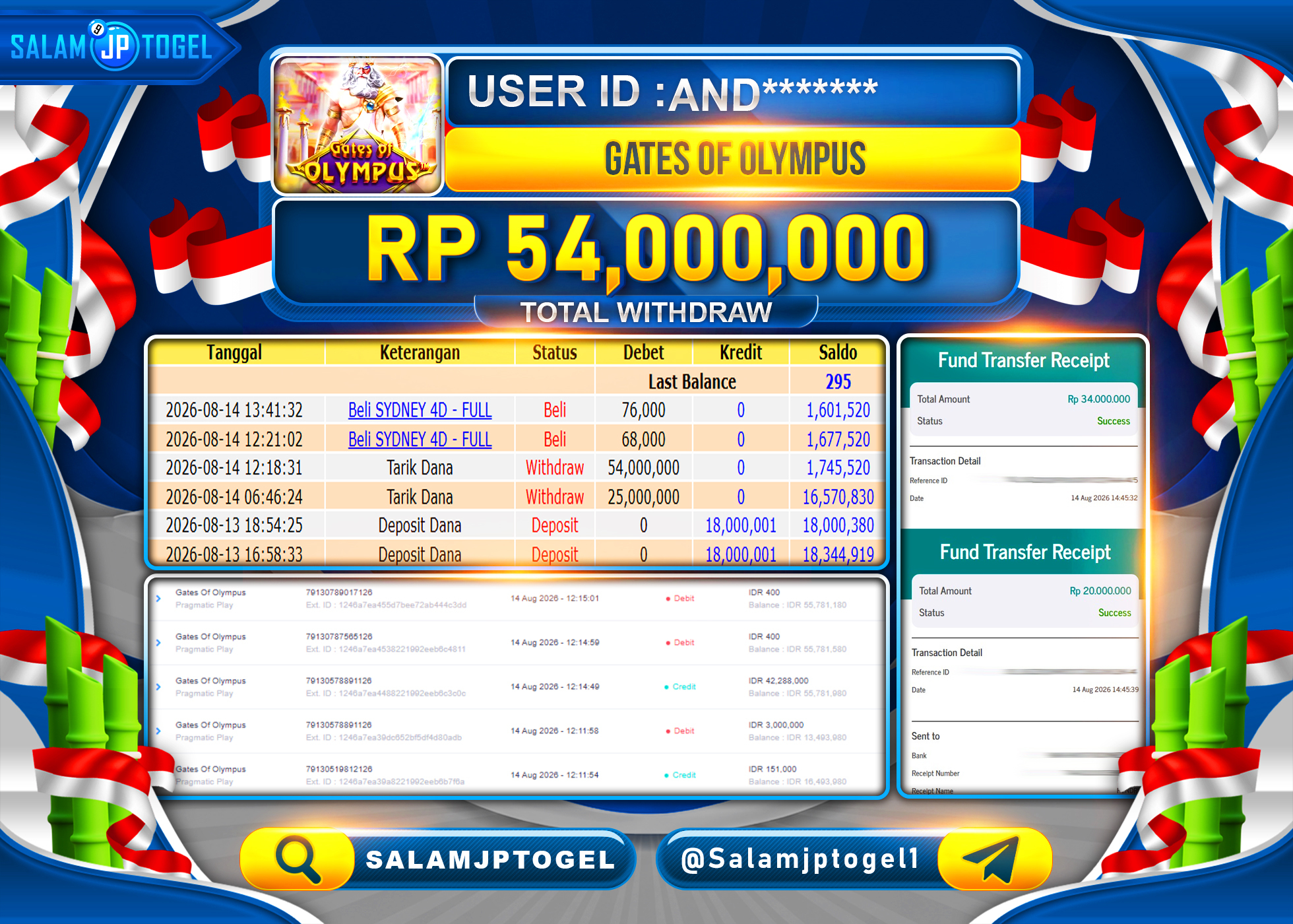 SALAMJPTOGEL JACKPOT MENANG SLOT GATES OF OLYMPUS Rp.54,000,000 - LUNAS