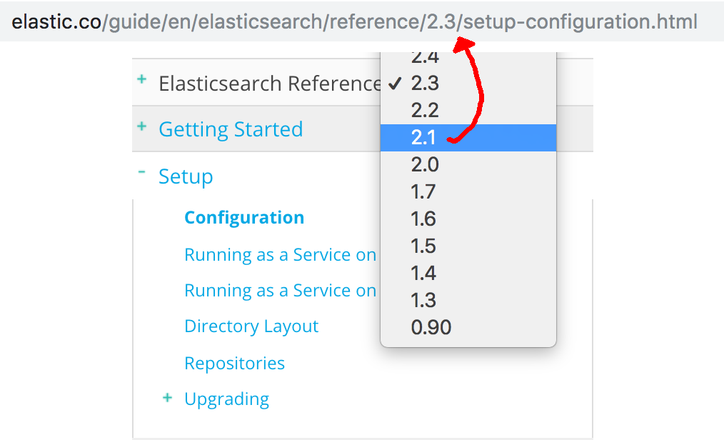 Make sure to select the correct reference version number for your installed version of Elasticsearch on the right-hand side of the website