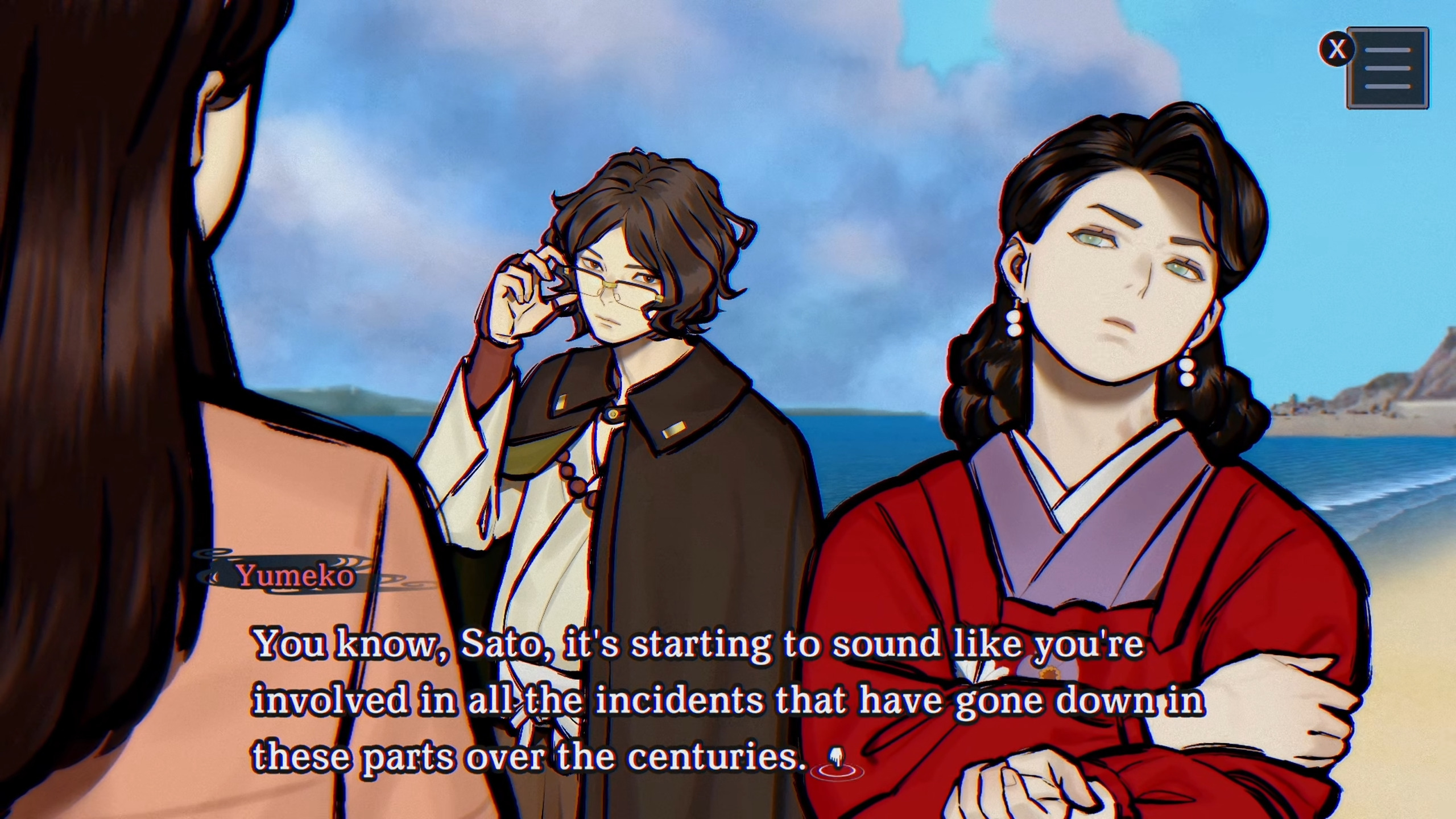 Yumeko and Sodo are talking to Sato on the beach about the mysteries of Kageshima.