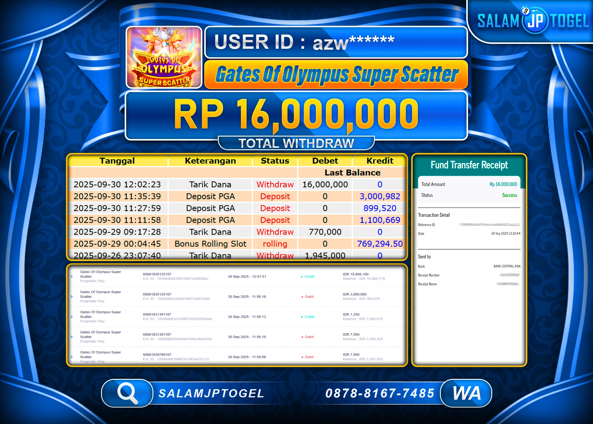 SALAMJPTOGEL MENANG GATES OF OLYMPUS SUPER SCATTER RP. 16,000,000