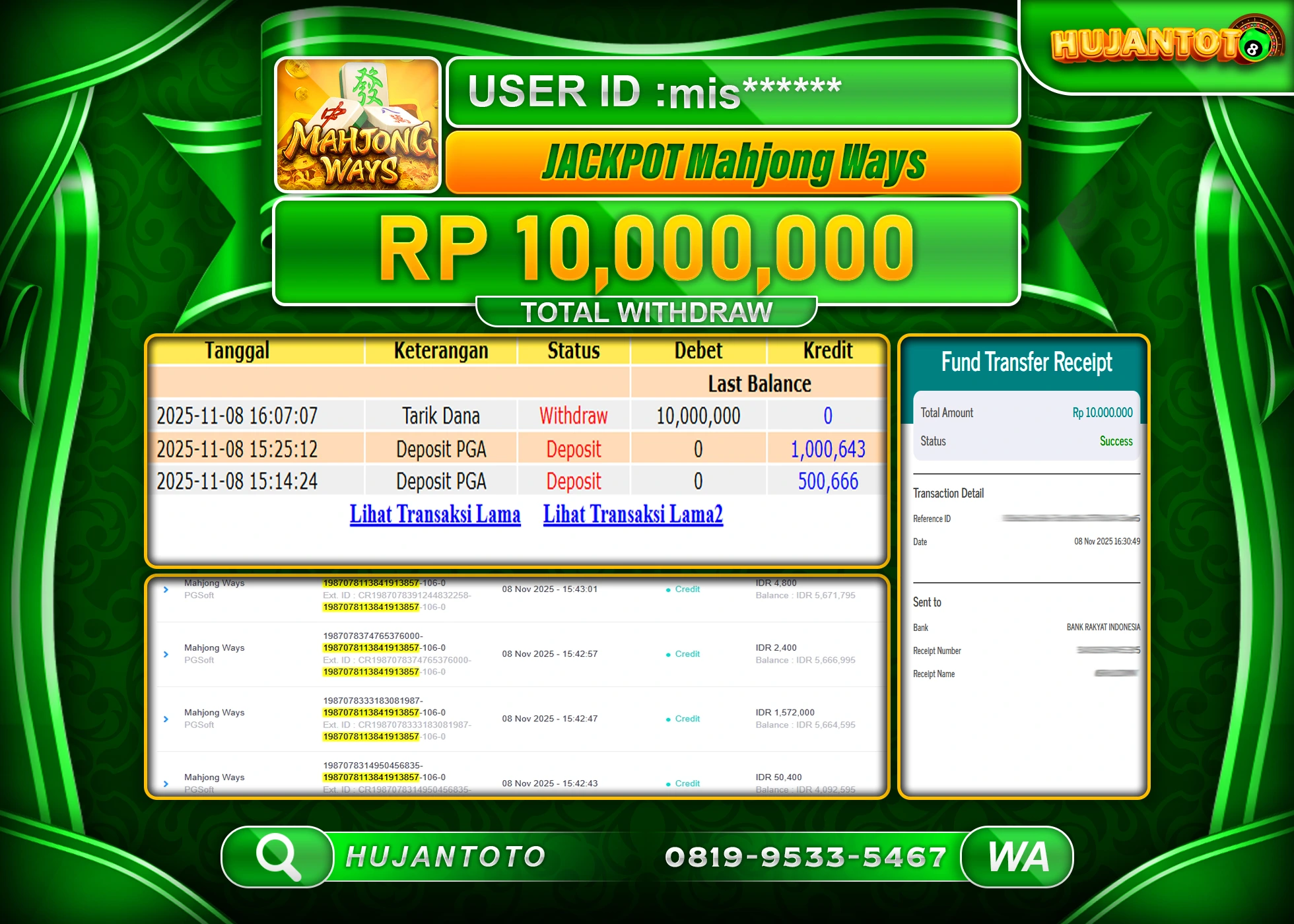 HUJANTOTO - BUKTI JACKPOT MENANG SLOT MAHJONG WAYS Rp.10,000,000 - TERBAYAR LUNAS