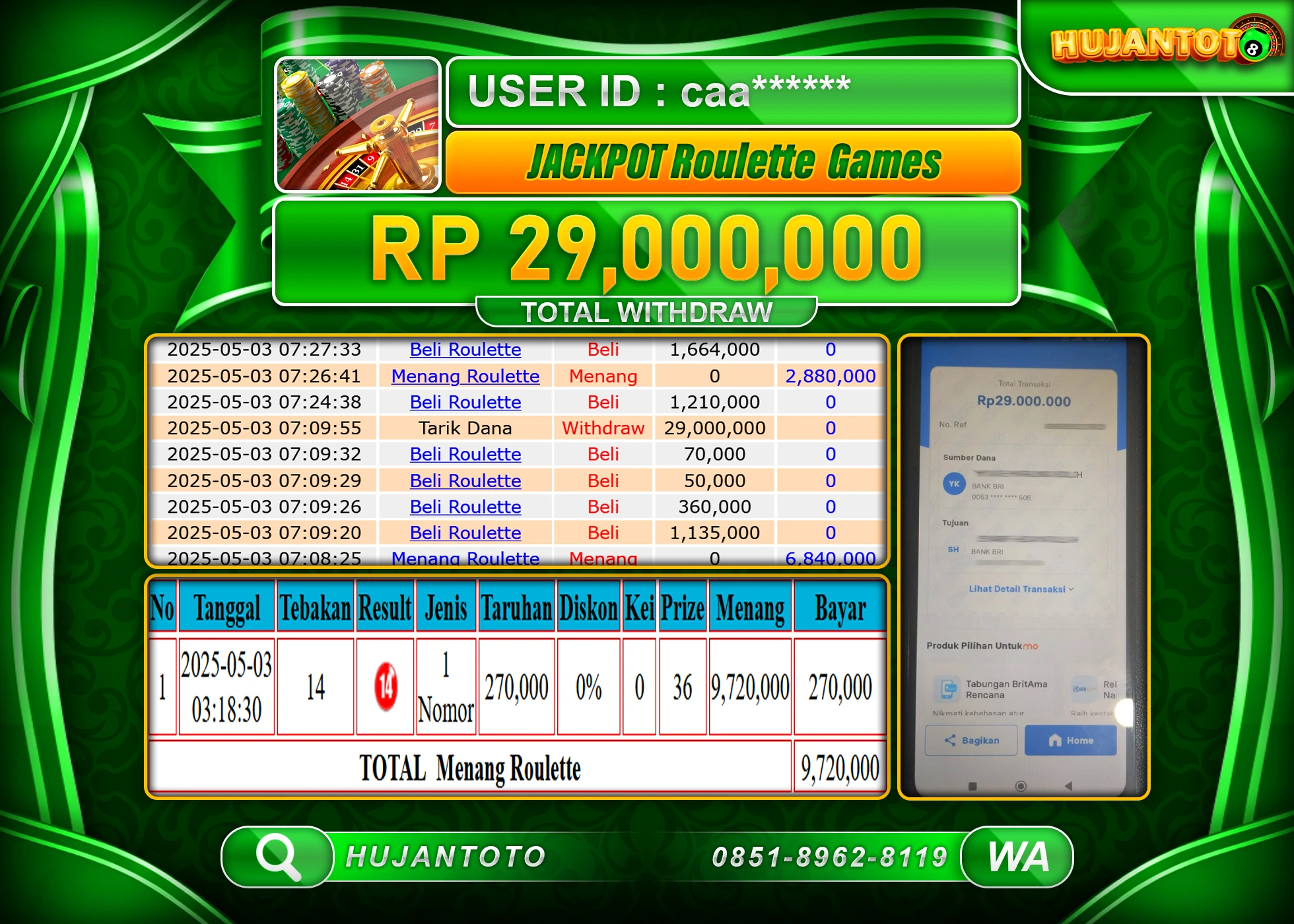 HUJANTOTO - BUKTI JACKPOT MENANG LIVEGAMES ROULETTE Rp,29,000,000 - TERBAYAR LUNAS