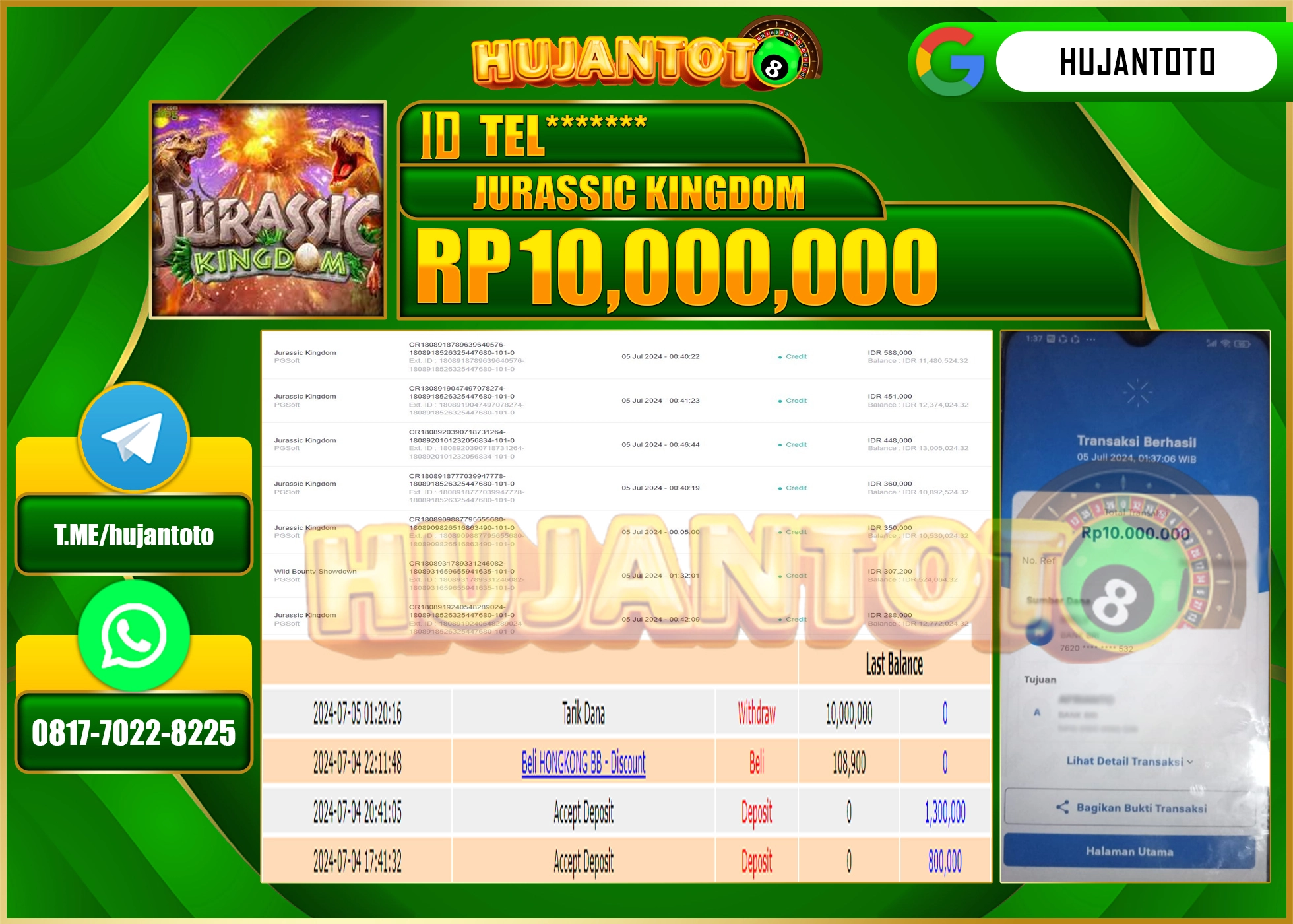 HUJANTOTO MENANG SLOT JURASSIC KINGDOM 10.000.000 - LUNAS 