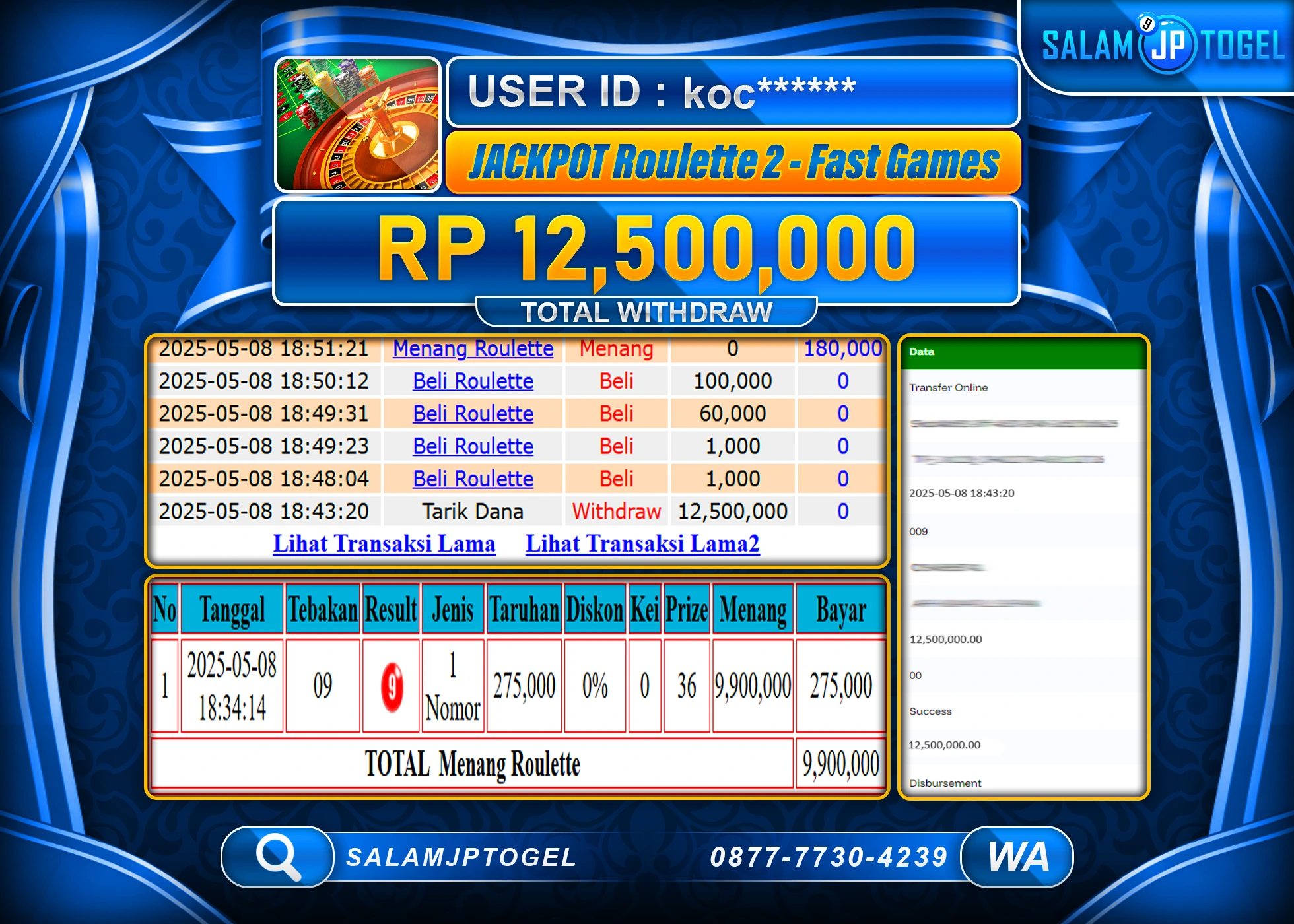 SALAMJPTOGEL MENANG ROULETTE 2 - FAST GAMES Rp.12,500,000 LUNAS