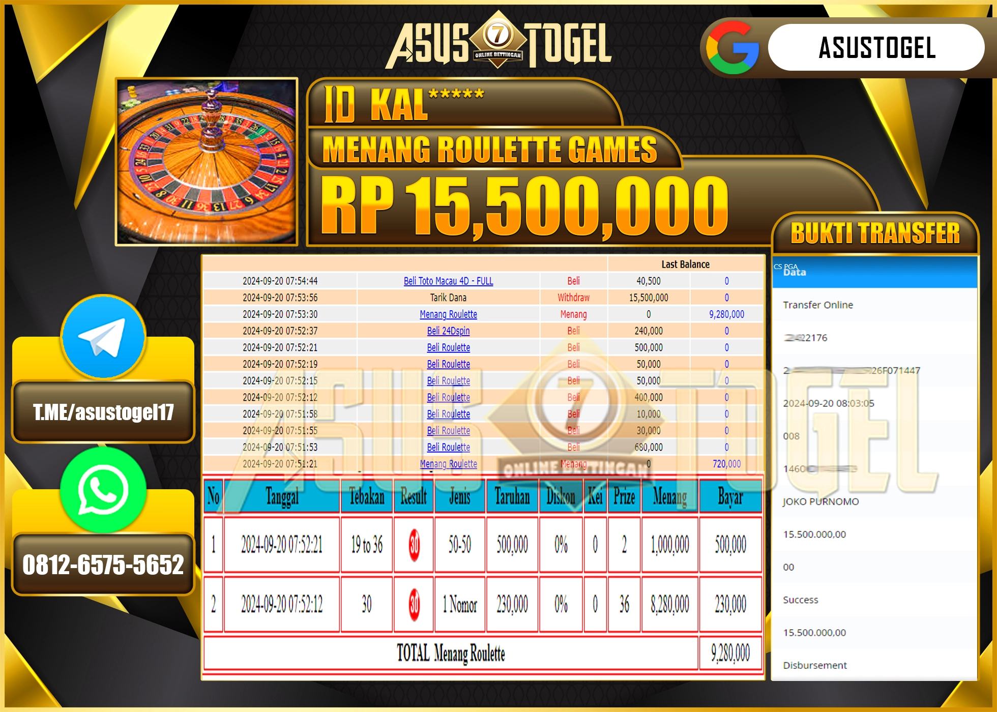 ASUSTOGEL KEMENANGAN DI LIVEGAME ROULETTE GAMES SEBESAR  15,500,000- RUPIAH LUNAS