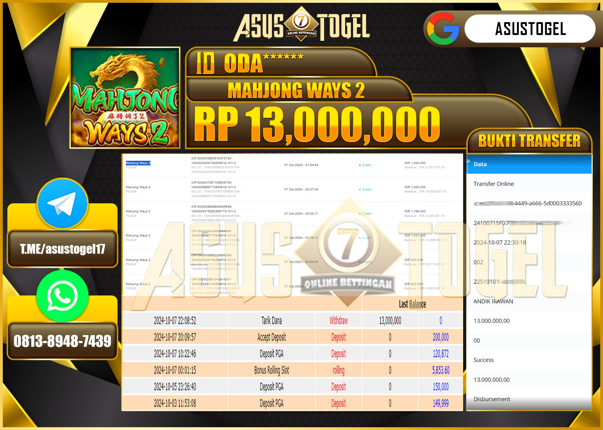 ASUSTOGEL KEMENANGAN  DI GAMES   MENANG    MAHJONG WAYS 2    SEBESAR 13,000,000- RUPIAH LUNAS