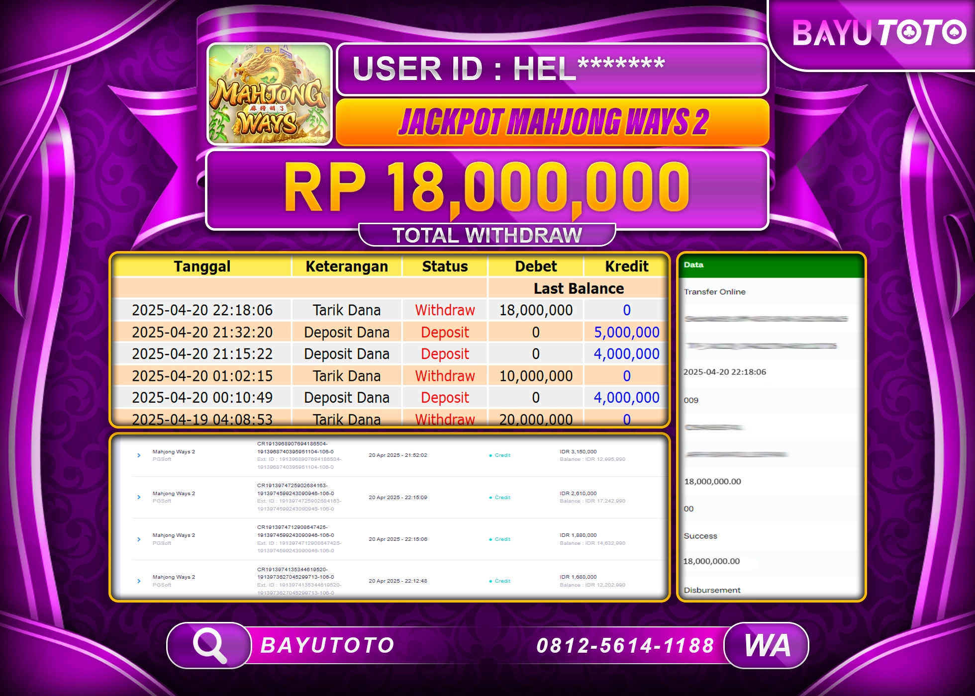 BAYUTOTO JACKPOT  DI SLOT MAHJONG WAYS 2 PG SOFT Rp.18,000.000 LUNAS
