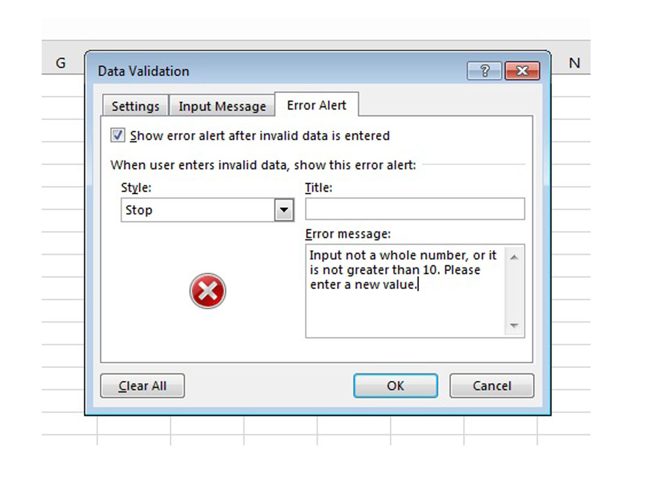 Screenshot of Data Validation Whole numbers