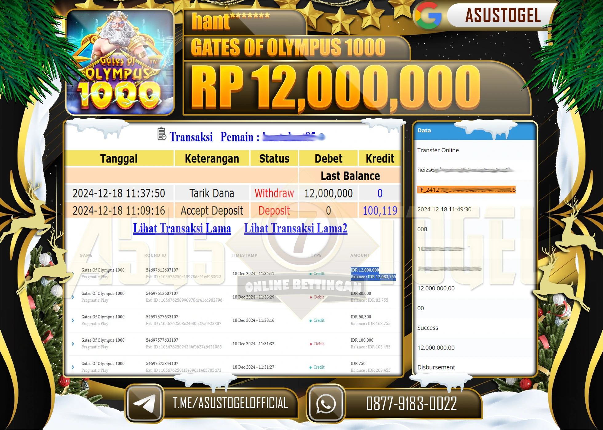 ASUSTOGEL KEMENANGAN DI SLOT GATES OF OLYMPUS 1000 SEBESAR 12,000,000 - RUPIAH LUNAS