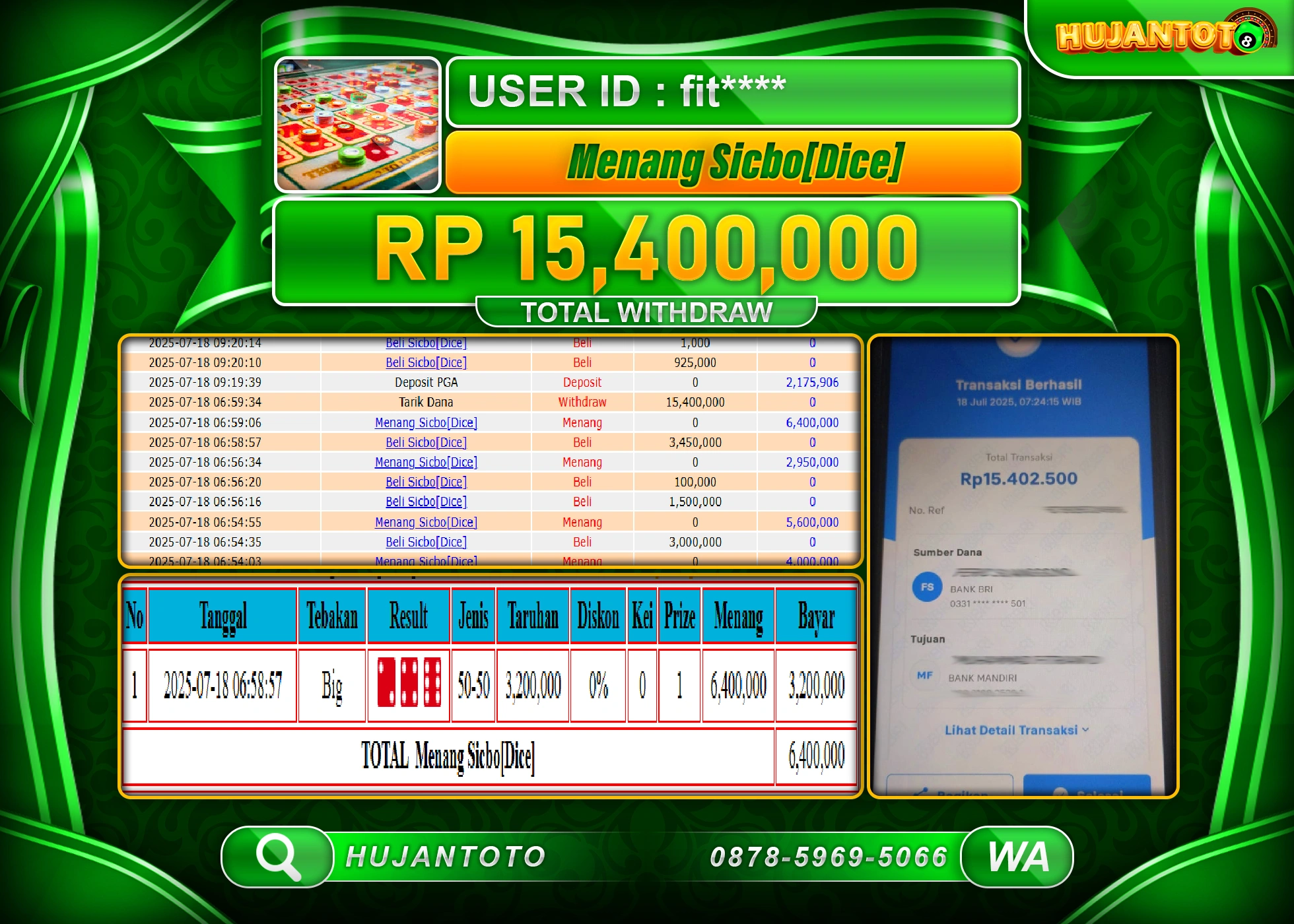 HUJANTOTO - BUKTI JACKPOT MENANG LIVE GAMES SICBO DICE Rp.15,400,000 - TERBAYAR LUNAS