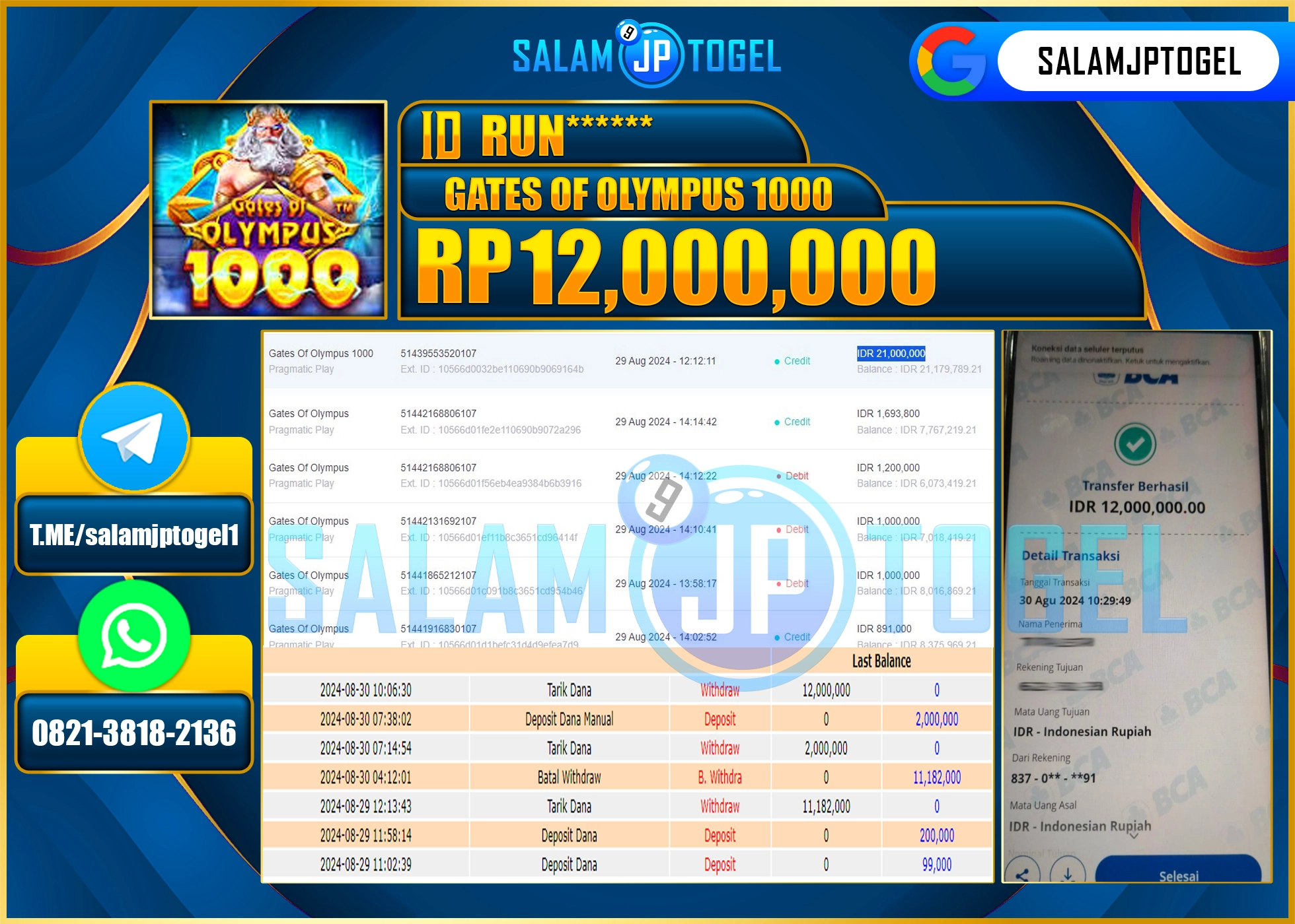 SALAMJPTOGEL MENANG GATES OF OLYMPUS 1000 RP. 12,000,000 LUNAS