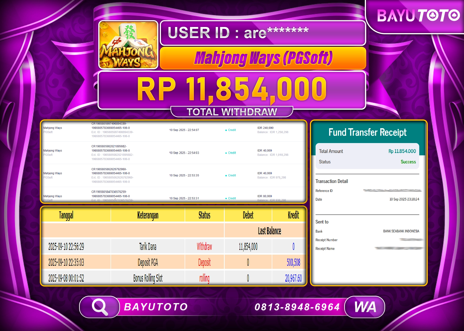 BAYUTOTO JACKPOT DI SLOT MAHJONG WAYS PG SOFT  Rp.11.854.000 LUNAS