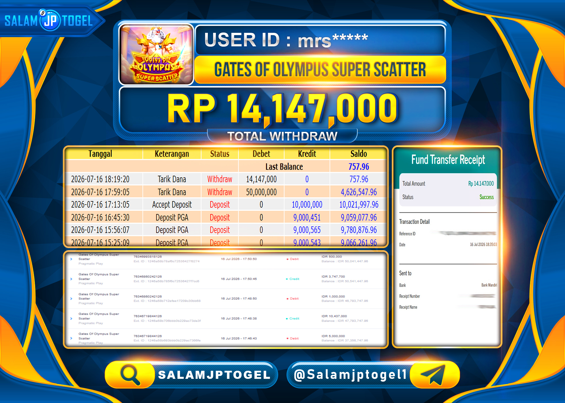 SALAMJPTOGEL JACKPOT MENANG GATES OF OLYMPUS SUPER SCATTER Rp.14,147,000 - LUNAS