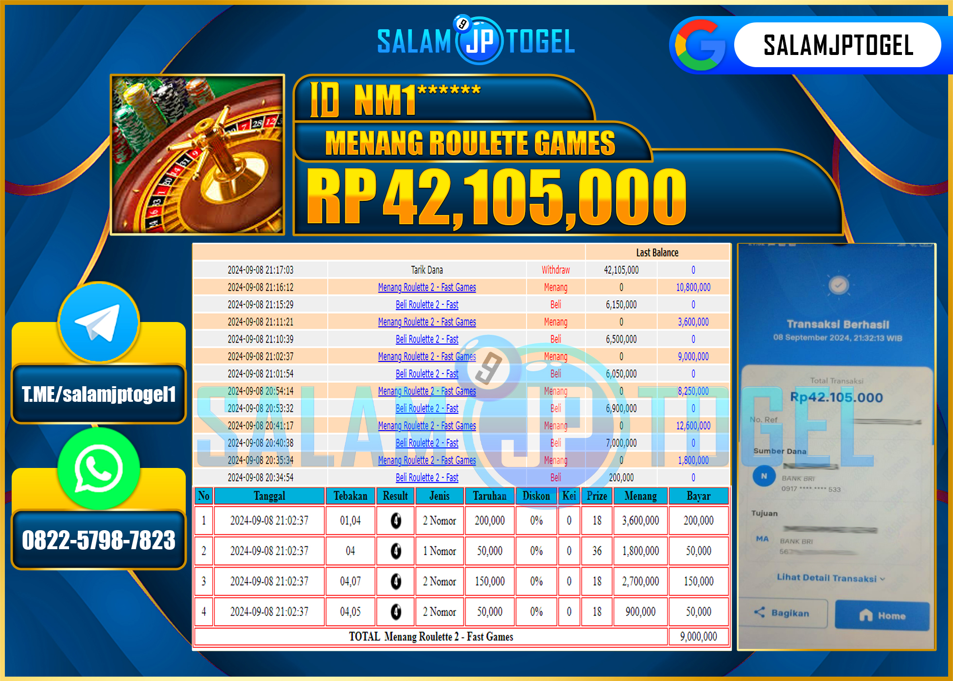SALAMJPTOGEL MENANG ROULLETE GAMES RP. 42,105,000 LUNAS