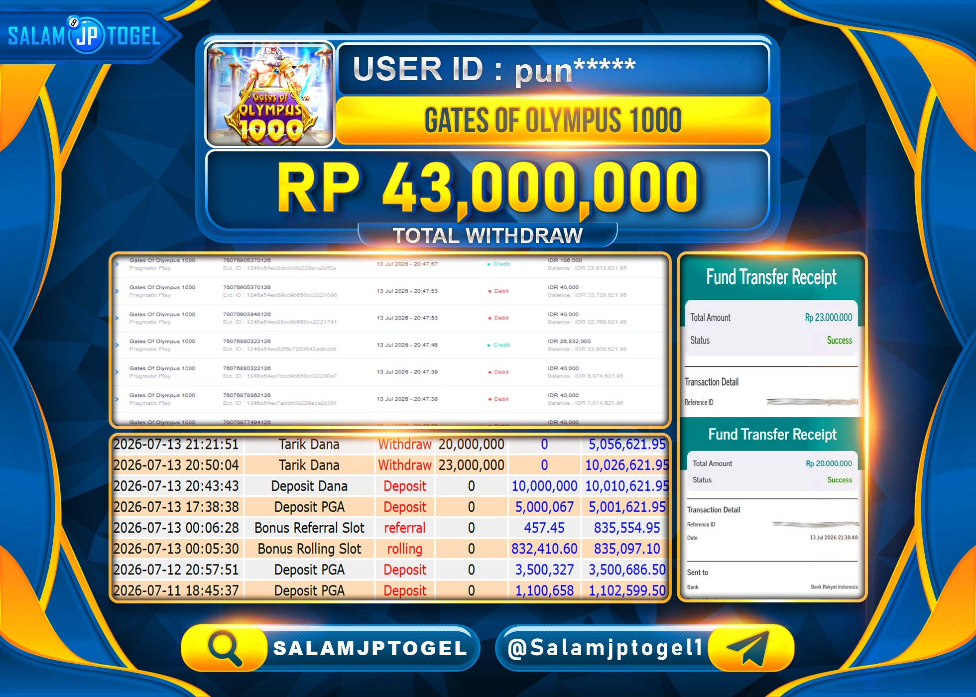 SALAMJPTOGEL JACKPOT MENANG SLOT GATES OF OLYMPUS 1000 Rp.43,000,000 - LUNAS