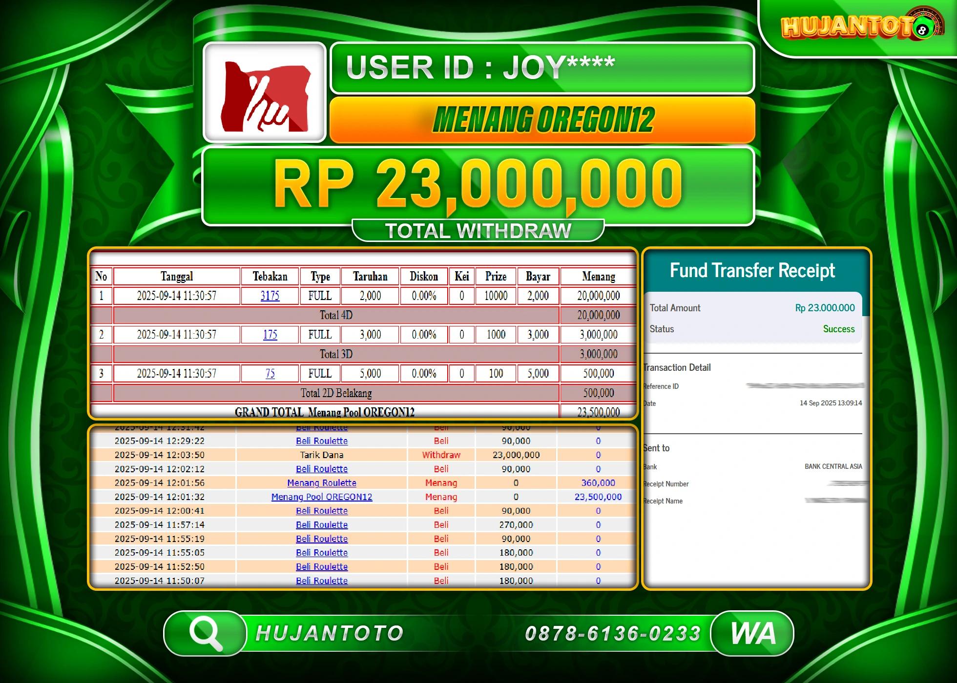 HUJANTOTO - BUKTI JACKPOT MENANG DI TOGEL POLL OREGON 12 Rp.23,000,000 - TERBAYAR LUNAS