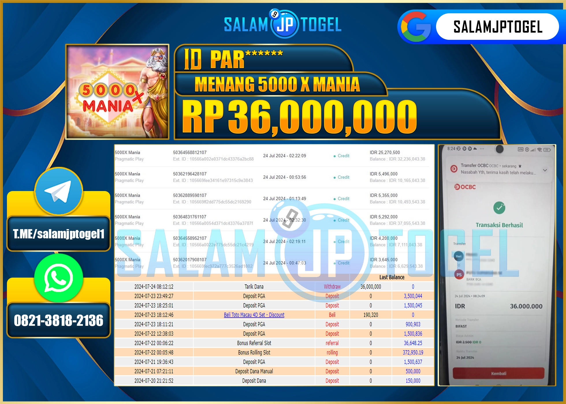 SALAMJPTOGEL MENANG SLOT 5000X MANIA RP. 36,000,000.,LUNAS