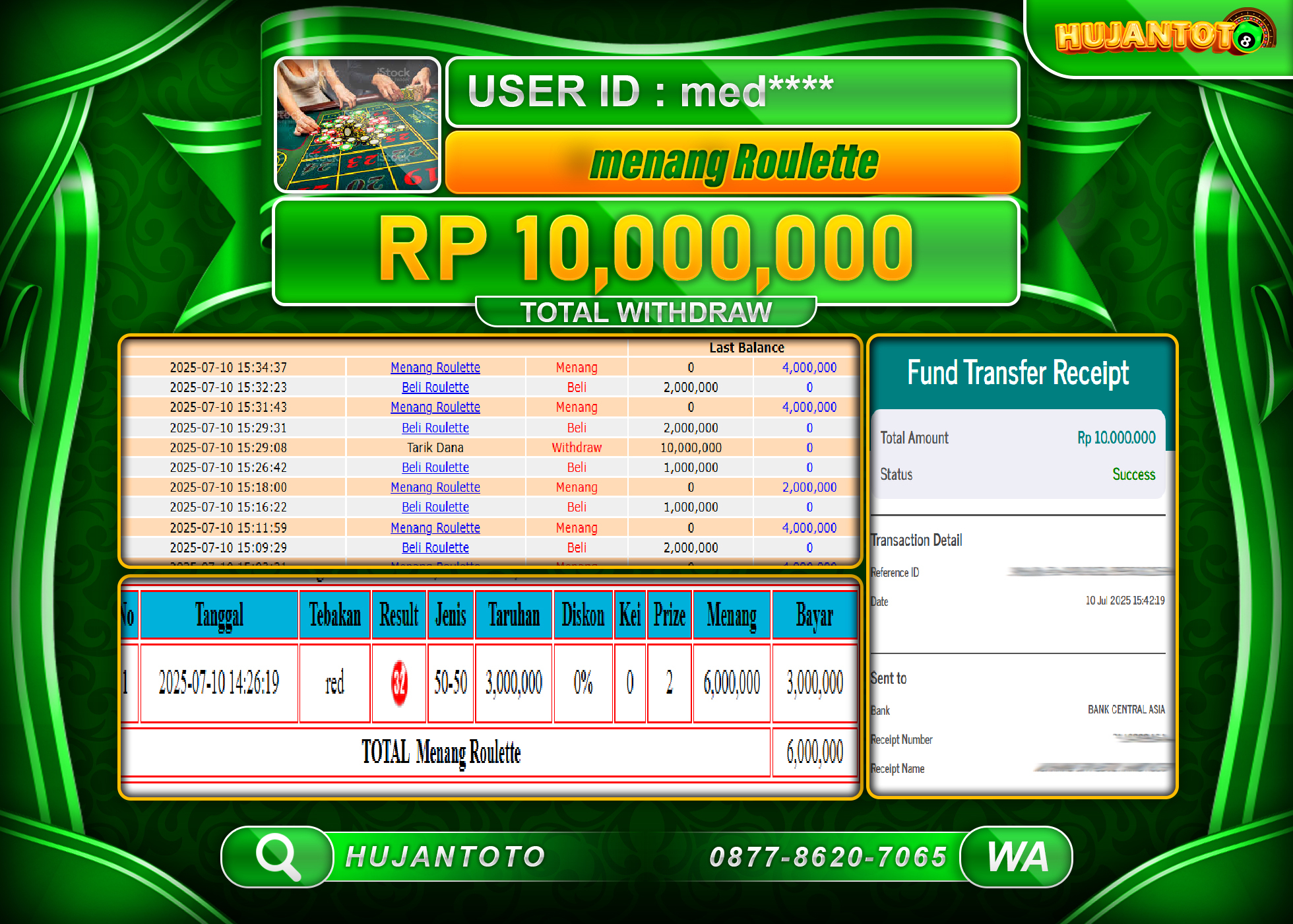 HUJANTOTO - BUKTI JACKPOT MENANG LIVEGAMES ROULETTE GAMES Rp.10,000,000 - TERBAYAR LUNAS
