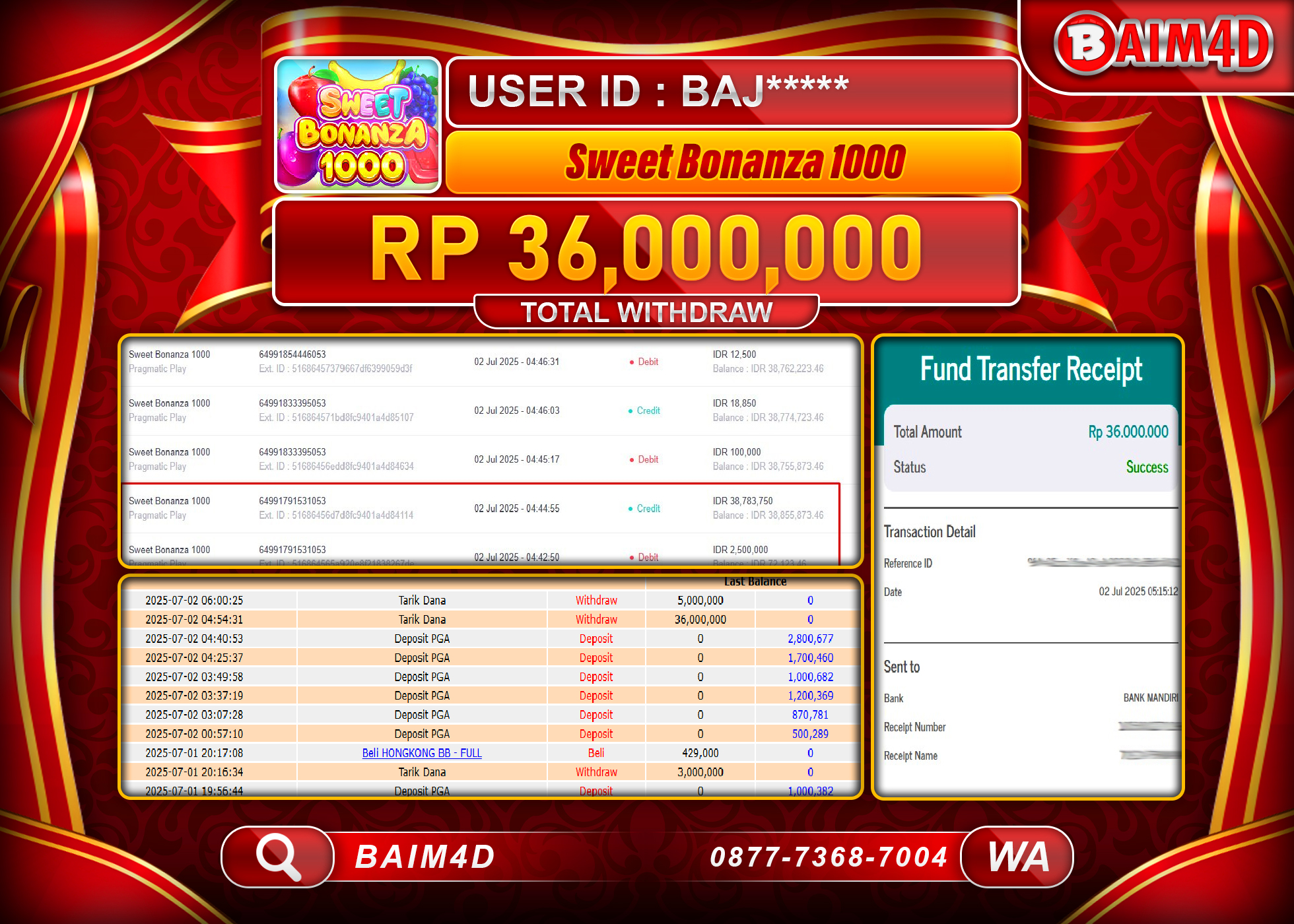 BAIM4D JACKPOT SLOT SWEET BONANZA PRAGMATIC Rp.36,000,000.- LUNAS