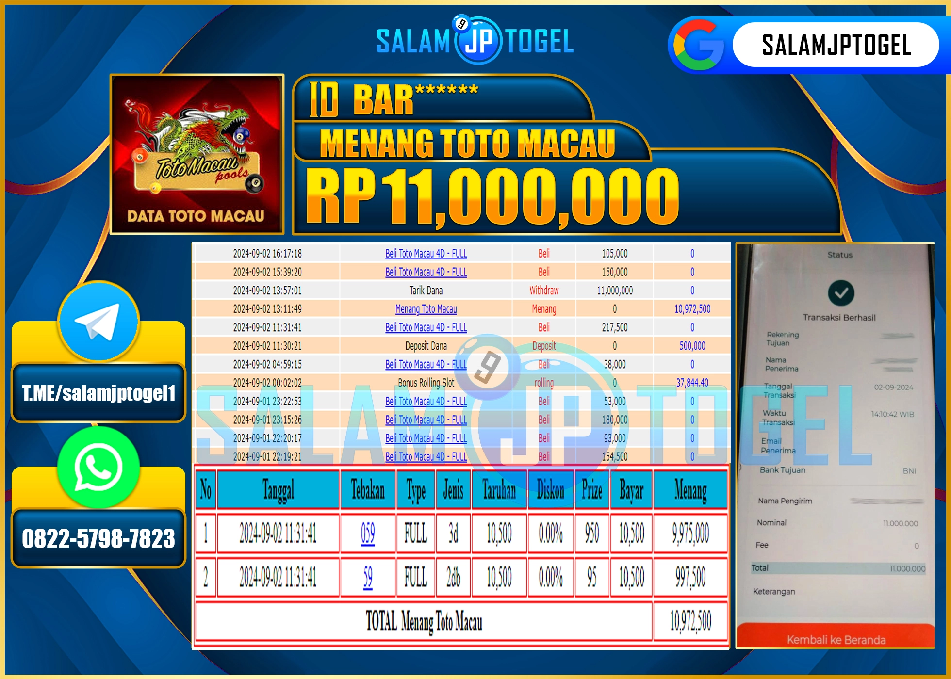 SALAMJPTOGEL MENANG TOTO MACAU RP. 11.000,000 LUNAS