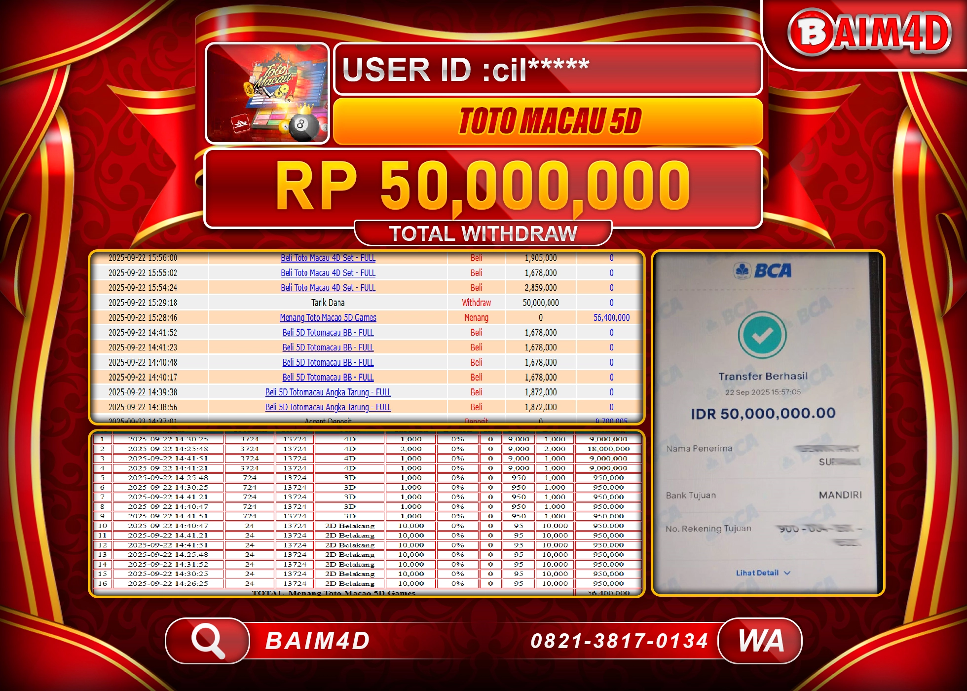 BAIM4D JACKPOT TOGEL TOTO MACAU 5D Rp.50,000,000.- LUNAS