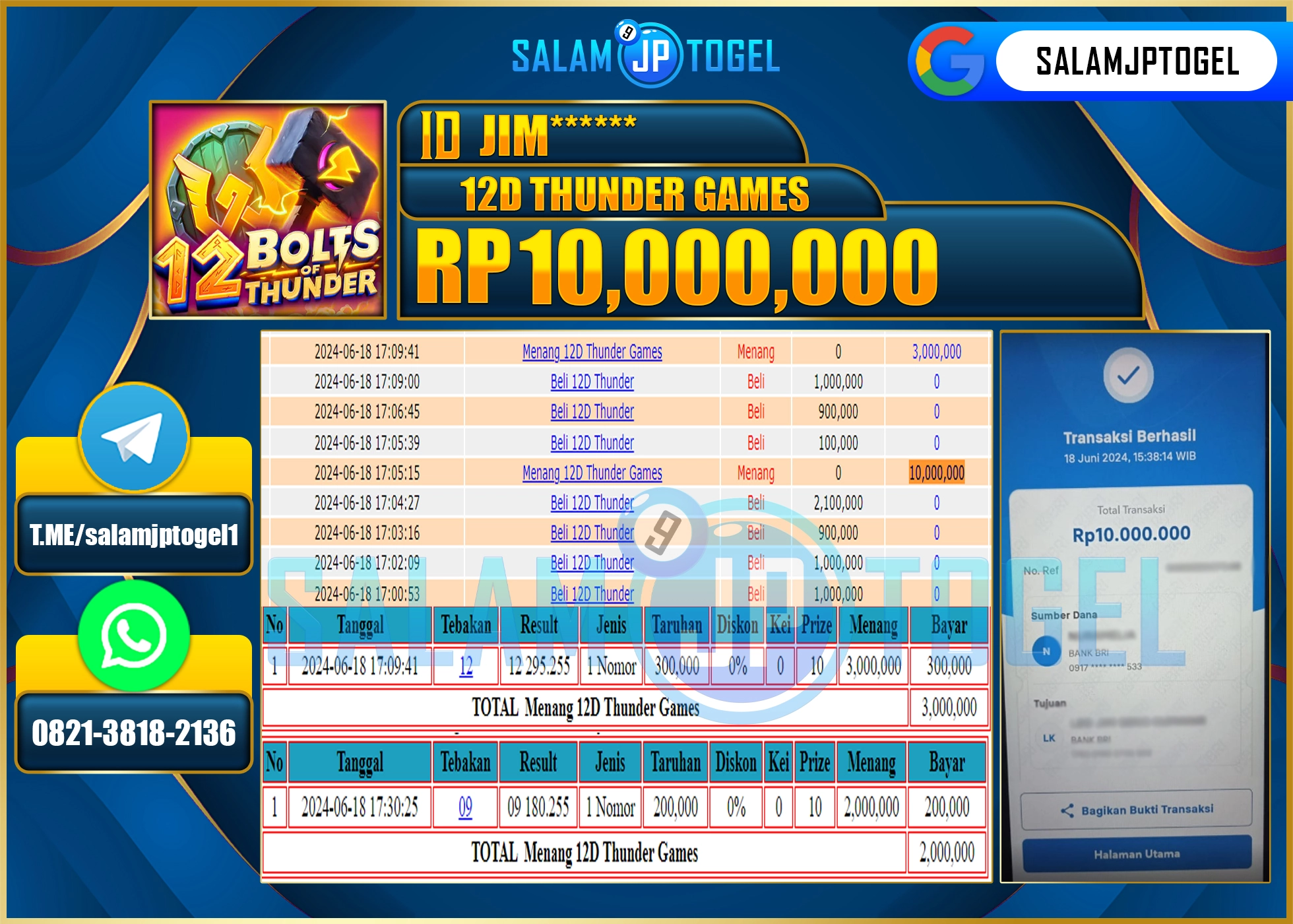 SALAMJPTOGEL MENANG 12D Thunder Games RP. 10,000,000.,LUNAS