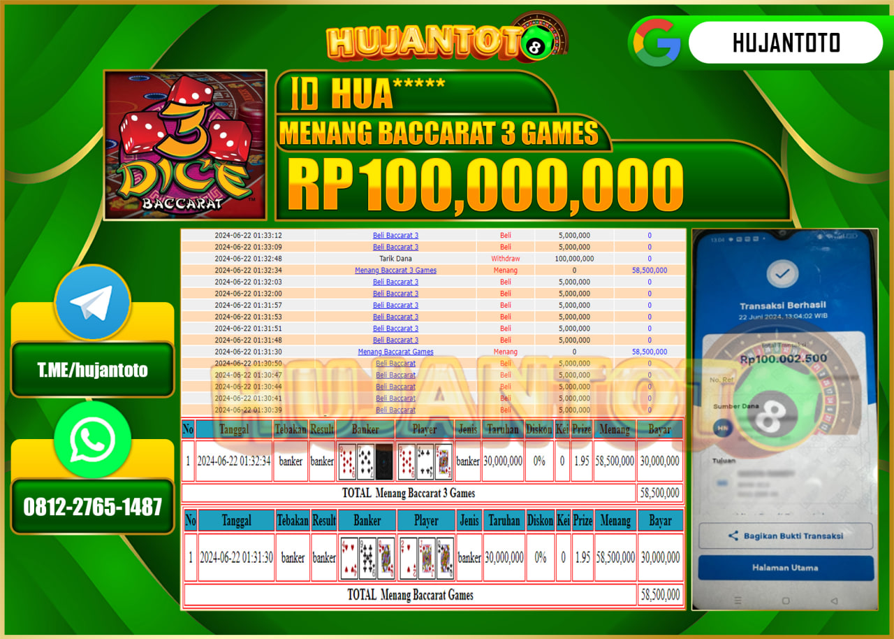 HUJANTOTO MENANG BACCARAT 3 GAMES, WD 100,000,000 - LUNAS 