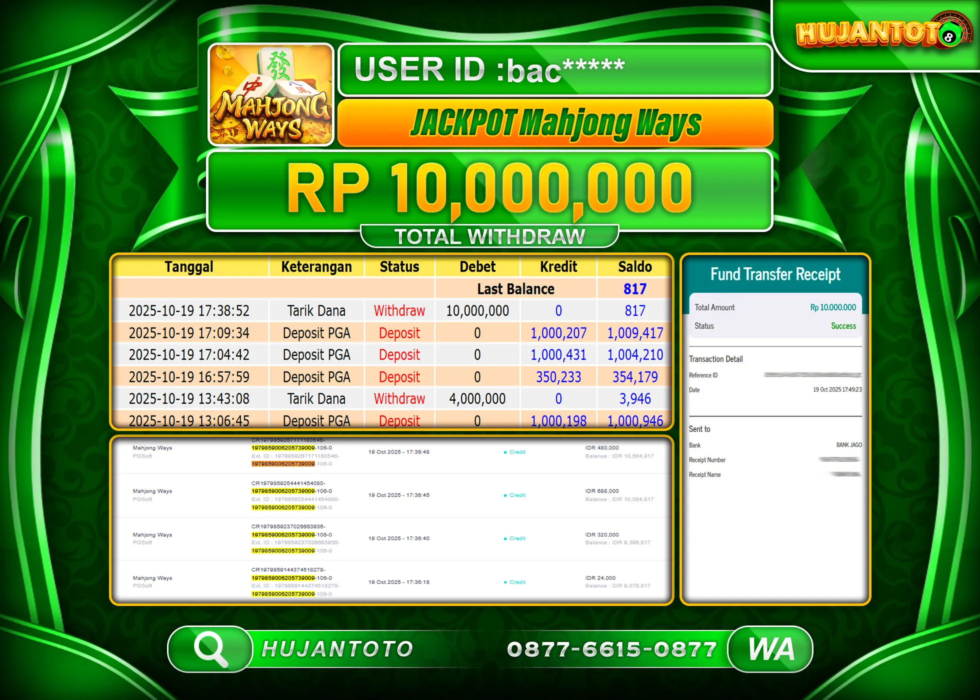 HUJANTOTO - BUKTI JACKPOT MENANG SLOT MAHJONG WAYS Rp.10,000,000 - TERBAYAR LUNAS