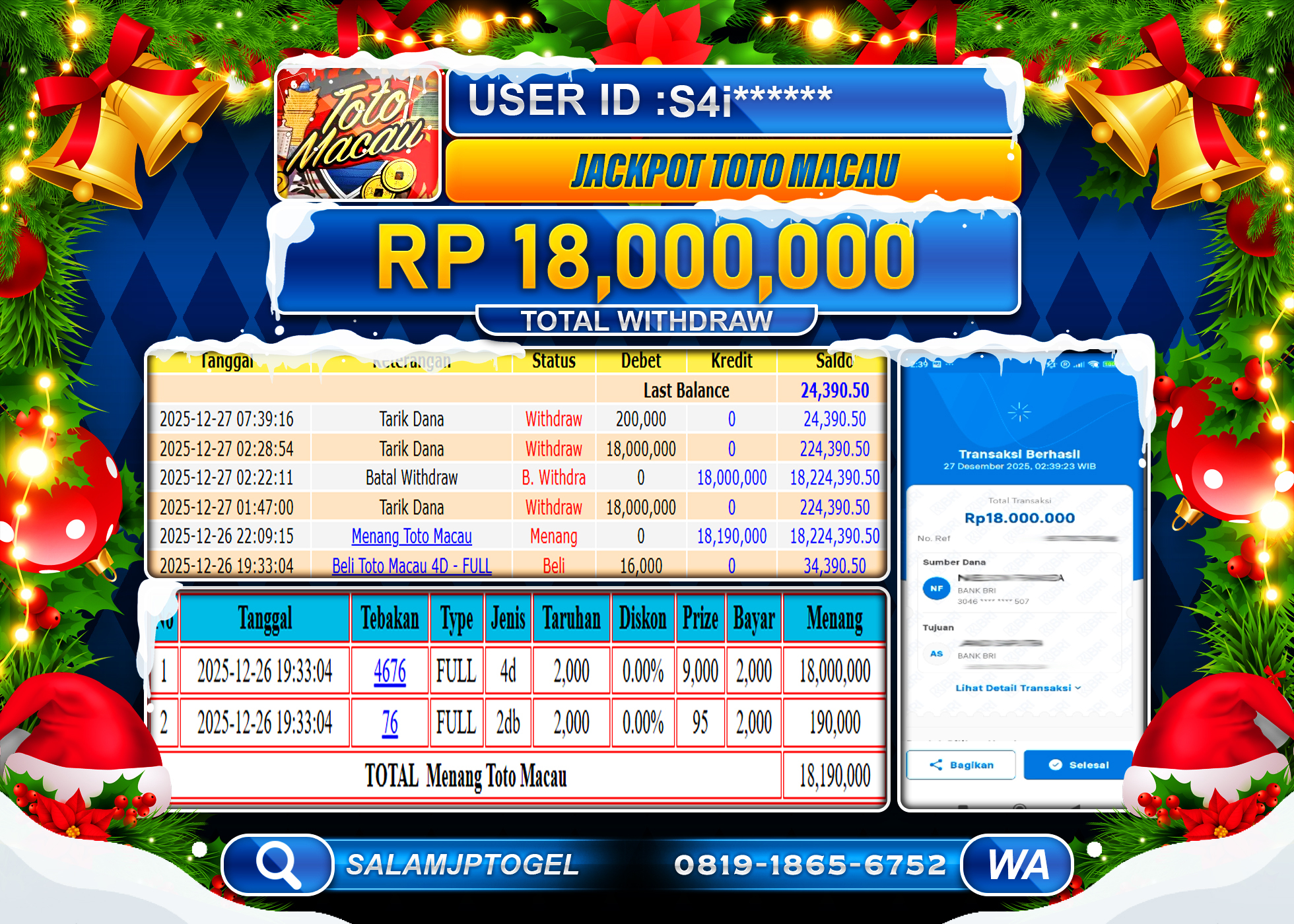 SALAMJPTOGEL JACKPOT MENANG TOGEL TOTO MACAU Rp.18,000,000 - LUNAS