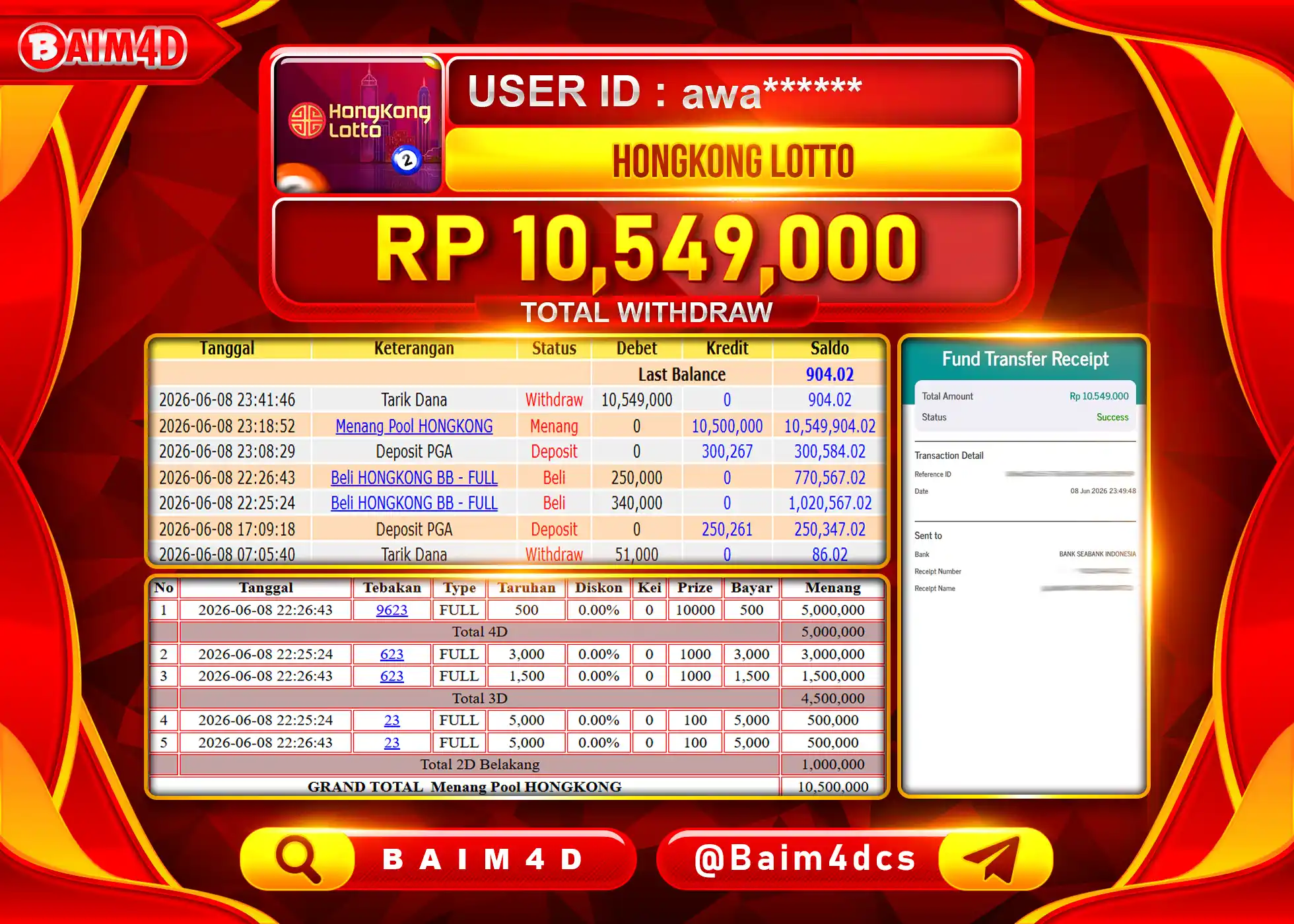 BAIM4D JACKPOT TOGEL HONGKONG LOTTO Rp.10,549,000 - LUNAS