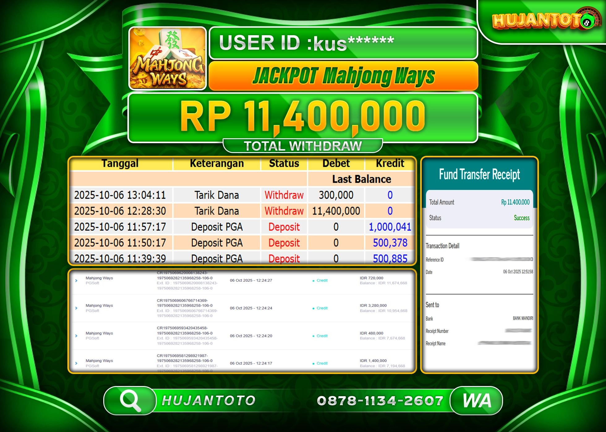 HUJANTOTO - BUKTI JACKPOT MENANG SLOT MAHJONG WAYS Rp.11,400,000 - TERBAYAR LUNAS