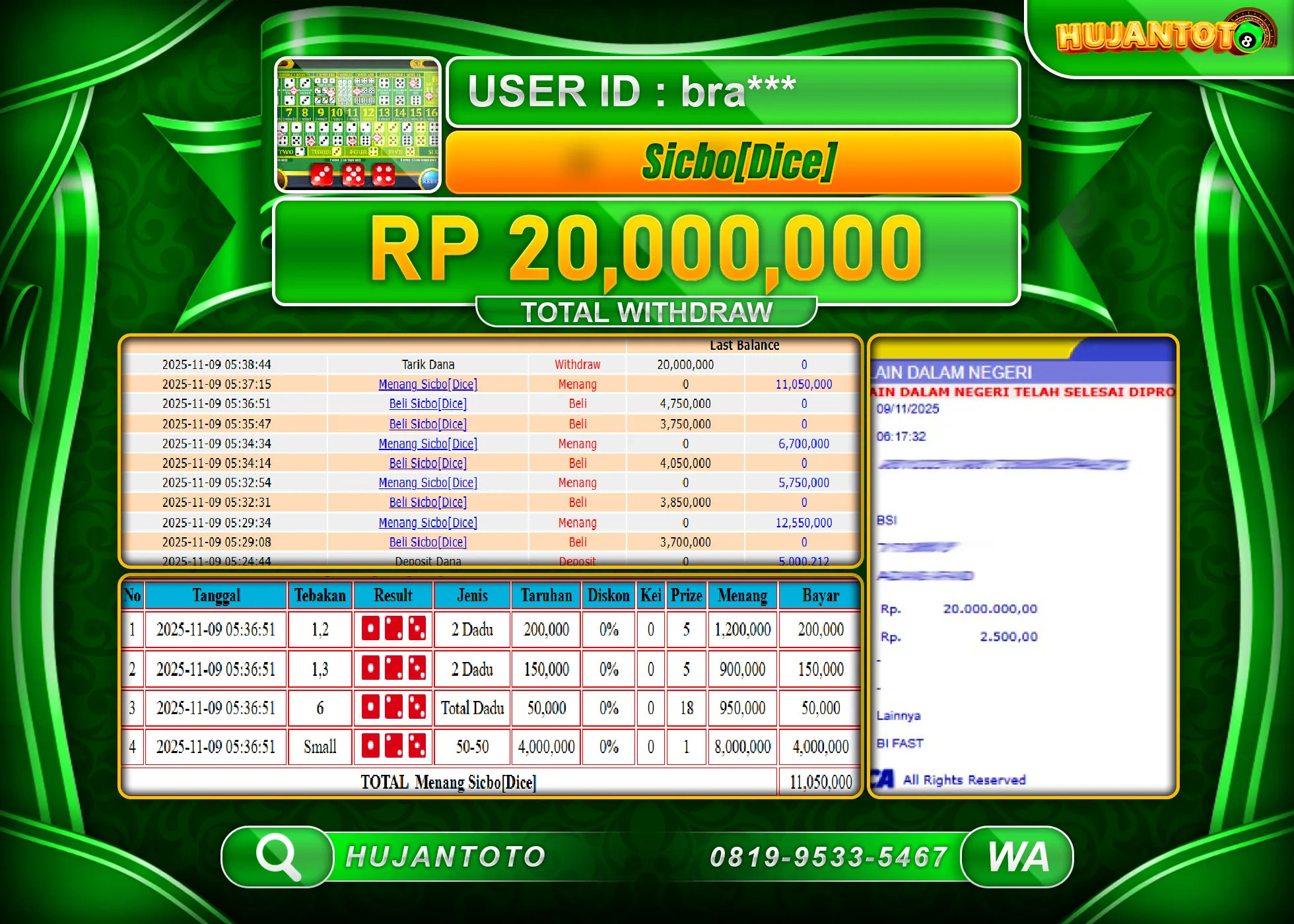 HUJANTOTO - BUKTI JACKPOT MENANG LIVEGAME CASINO SICBO [DICE] Rp.20,000,000 - TERBAYAR LUNAS