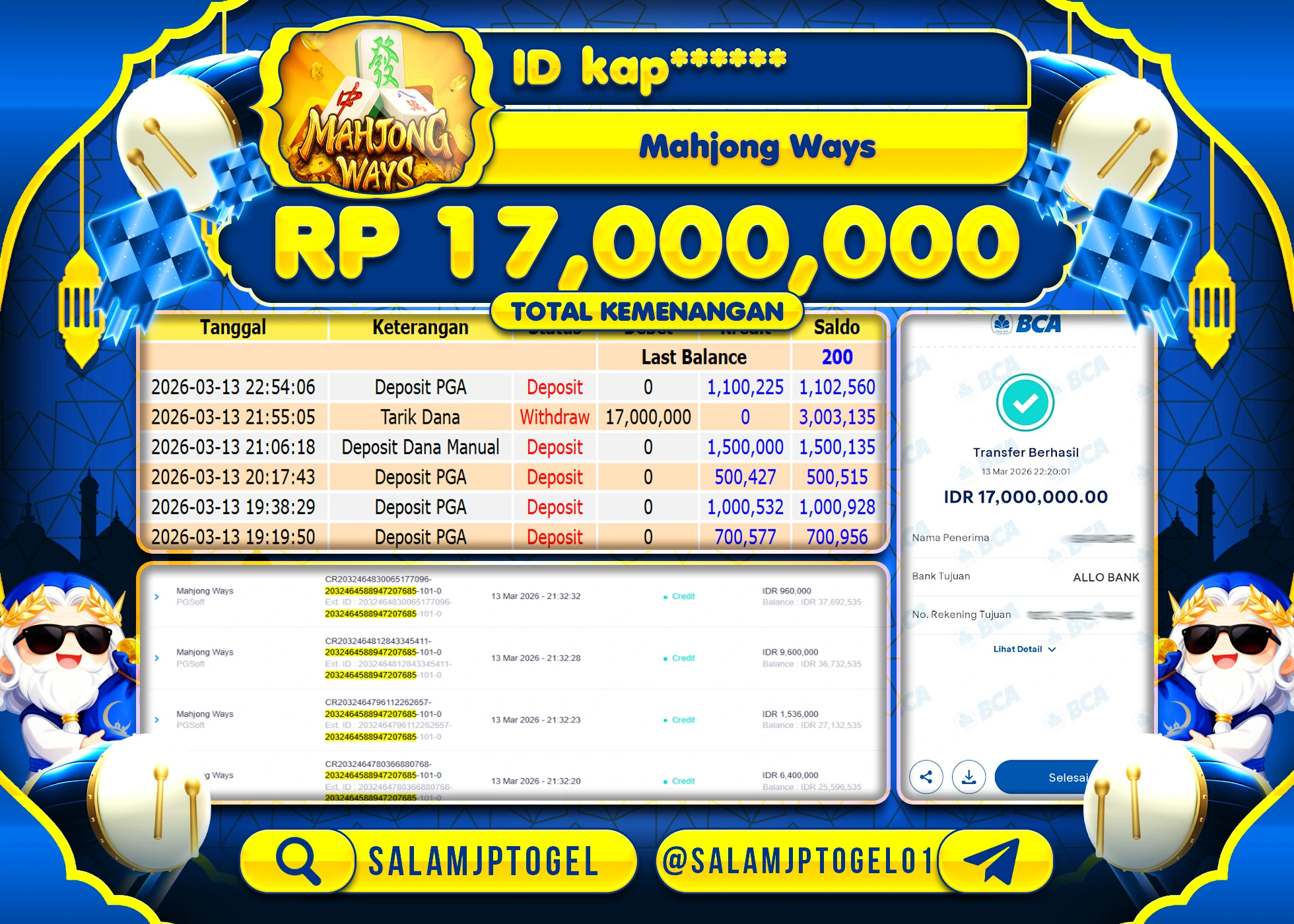 SALAMJPTOGEL JACKPOT SLOTMahjong Ways (PGSOFT) Rp.17,000,000 - LUNAS