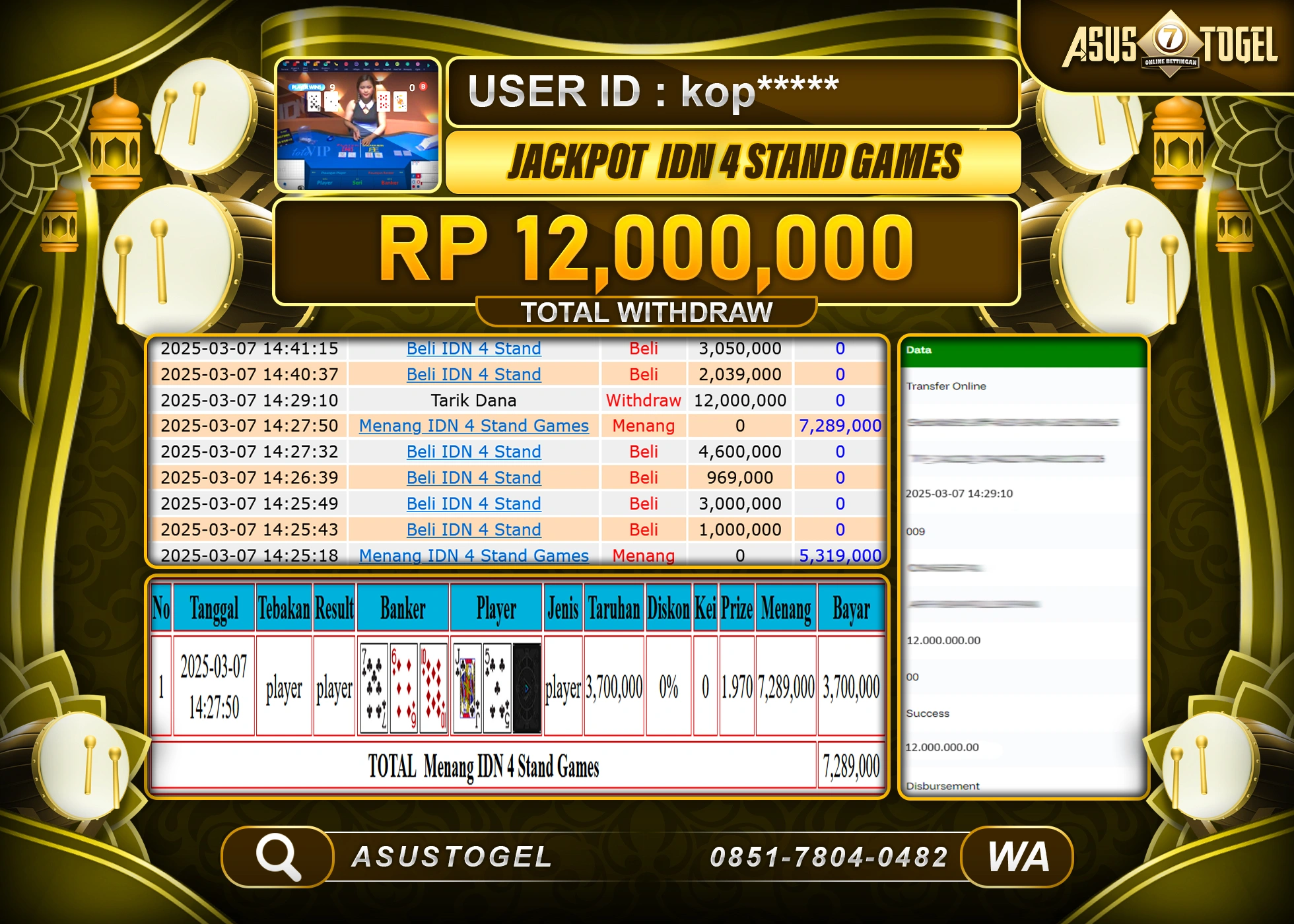 ASUSTOGEL KEMENANGAN DI IDN 4 STAND GAMES SEBESAR 12,000,000- RUPIAH LUNAS