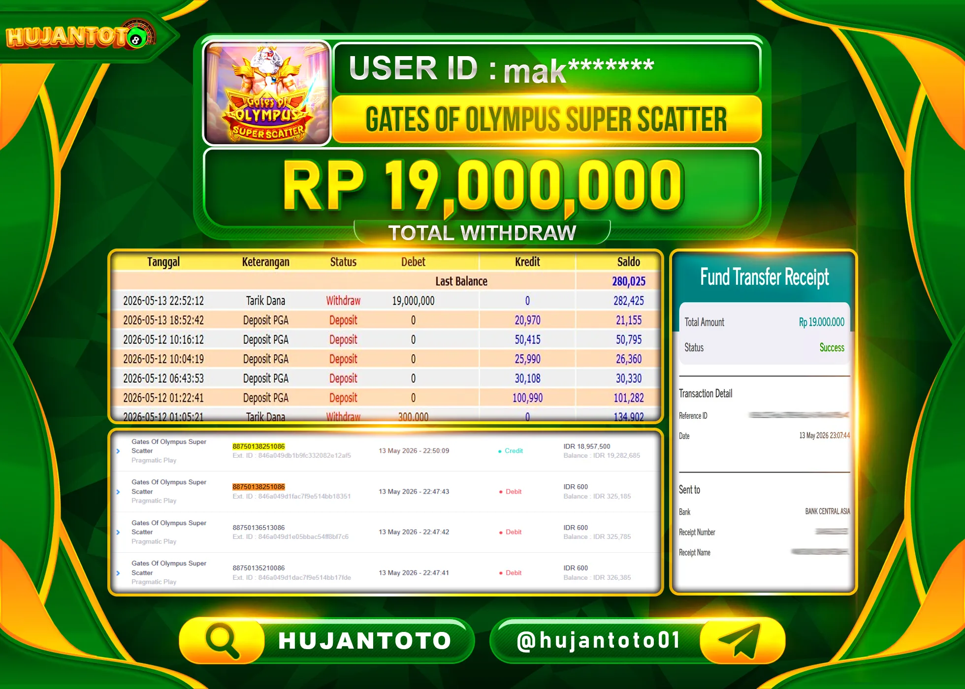 HUJANTOTO - BUKTI JACKPOT MENANG GATES OF OLYMPUS SUPER SCATTER Rp.19,000,000 - TERBAYAR LUNAS