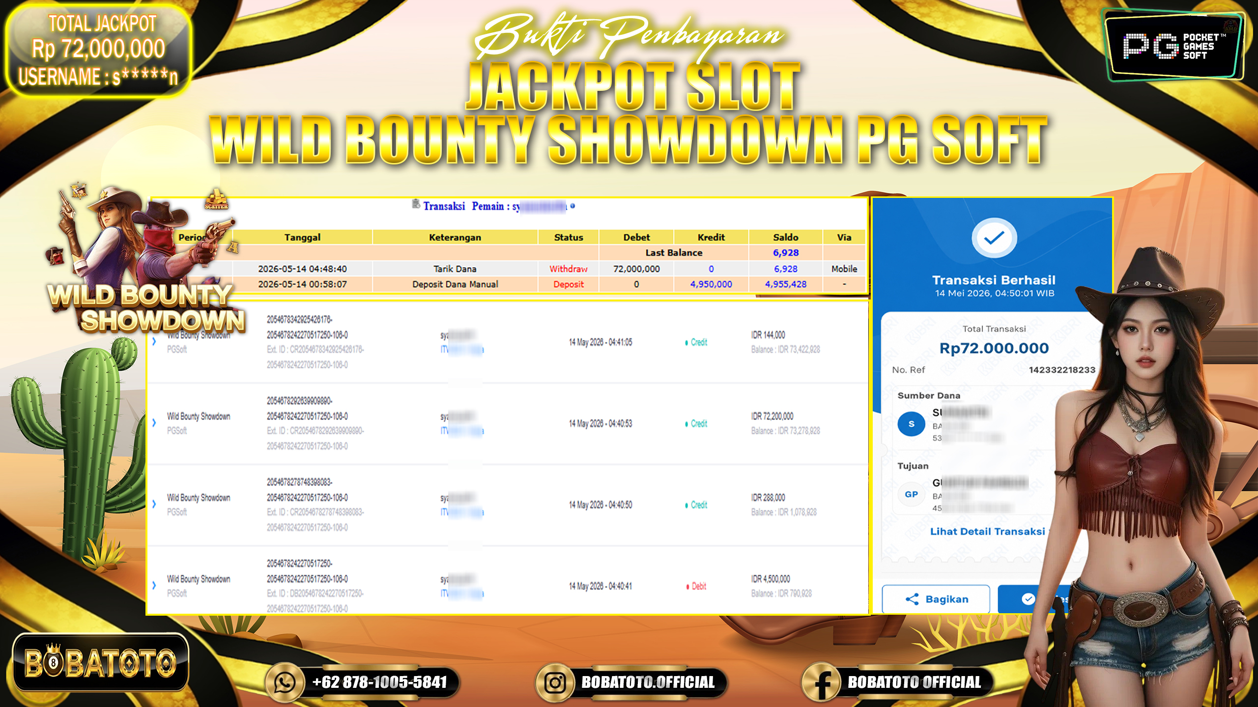 BOBATOTO JACKPOT  SLOT WILD BOUNTY SHOWDOWN PG SOFT Rp.72,000,000,- LUNAS!!!