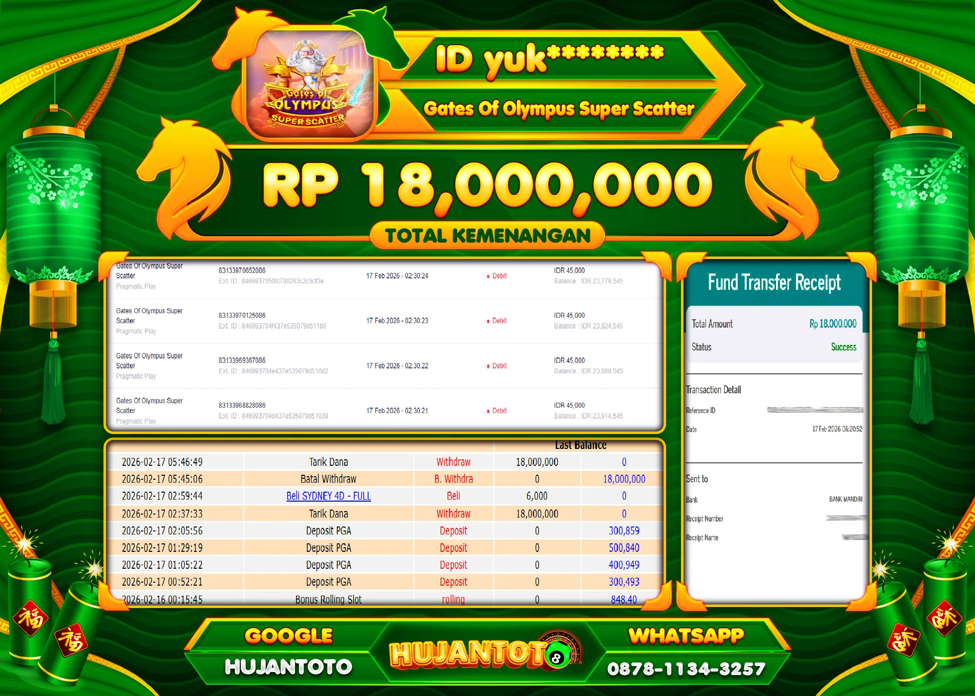 HUJANTOTO - BUKTI JACKPOT MENANG SLOT GATES OF OLYMPUS SUPER SCATTER Rp.18,000,000 - TERBAYAR LUNAS