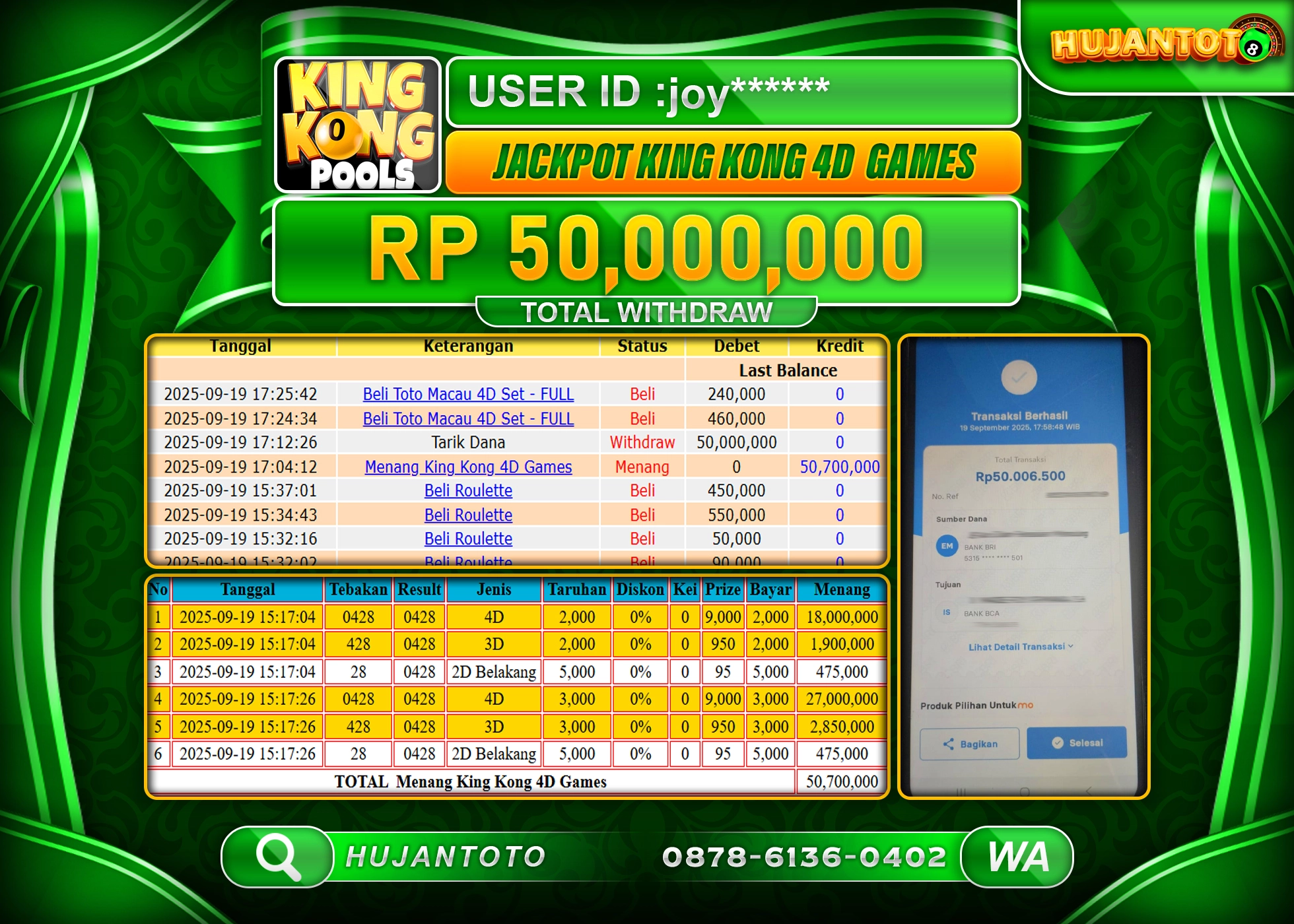 HUJANTOTO - BUKTI JACKPOT MENANG TOGEL KING KONG 4D Rp.50,000,000 - TERBAYAR LUNAS