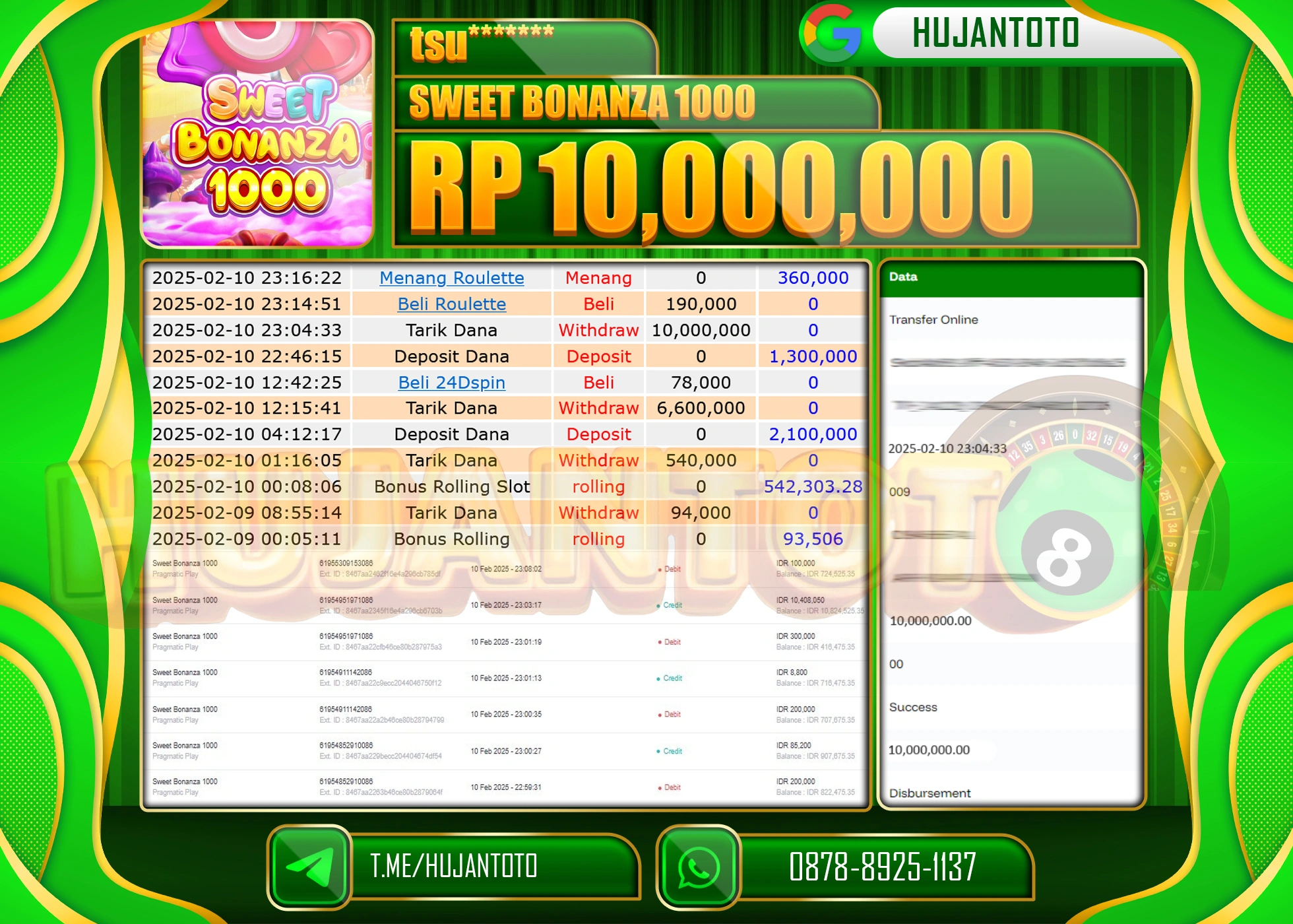 HUJANTOTO - BUKTI JACKPOT MENANG SLOT SWEET BONANZA 1000 Rp,10,000,000 - TERBAYAR LUNAS